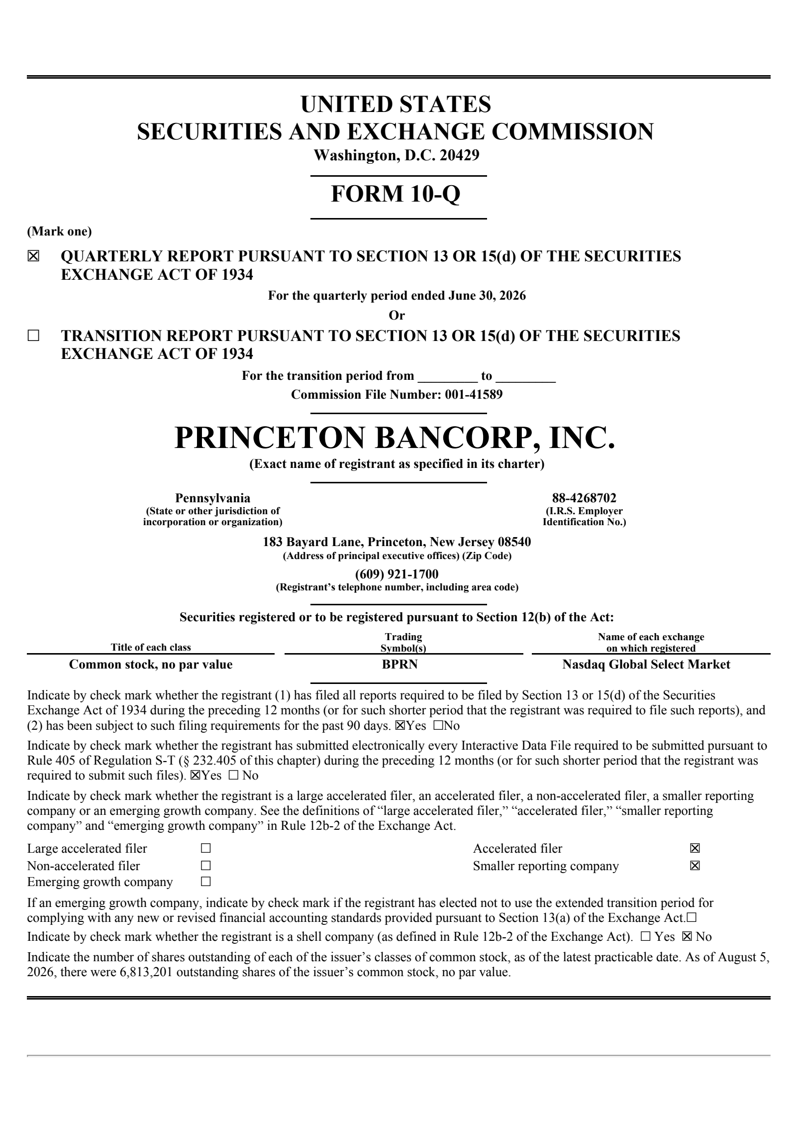 Princeton Bancorp's Q2 2026 Quarterly report