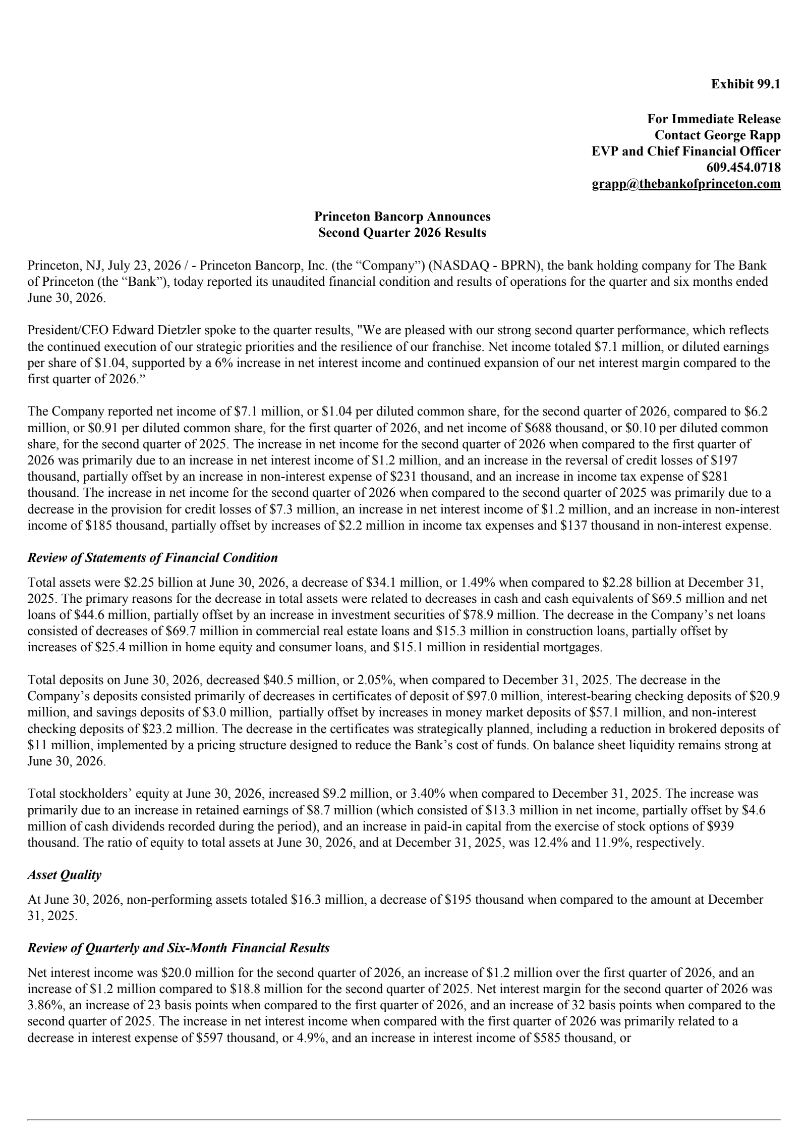 Princeton Bancorp's Q2 2026 Press Release