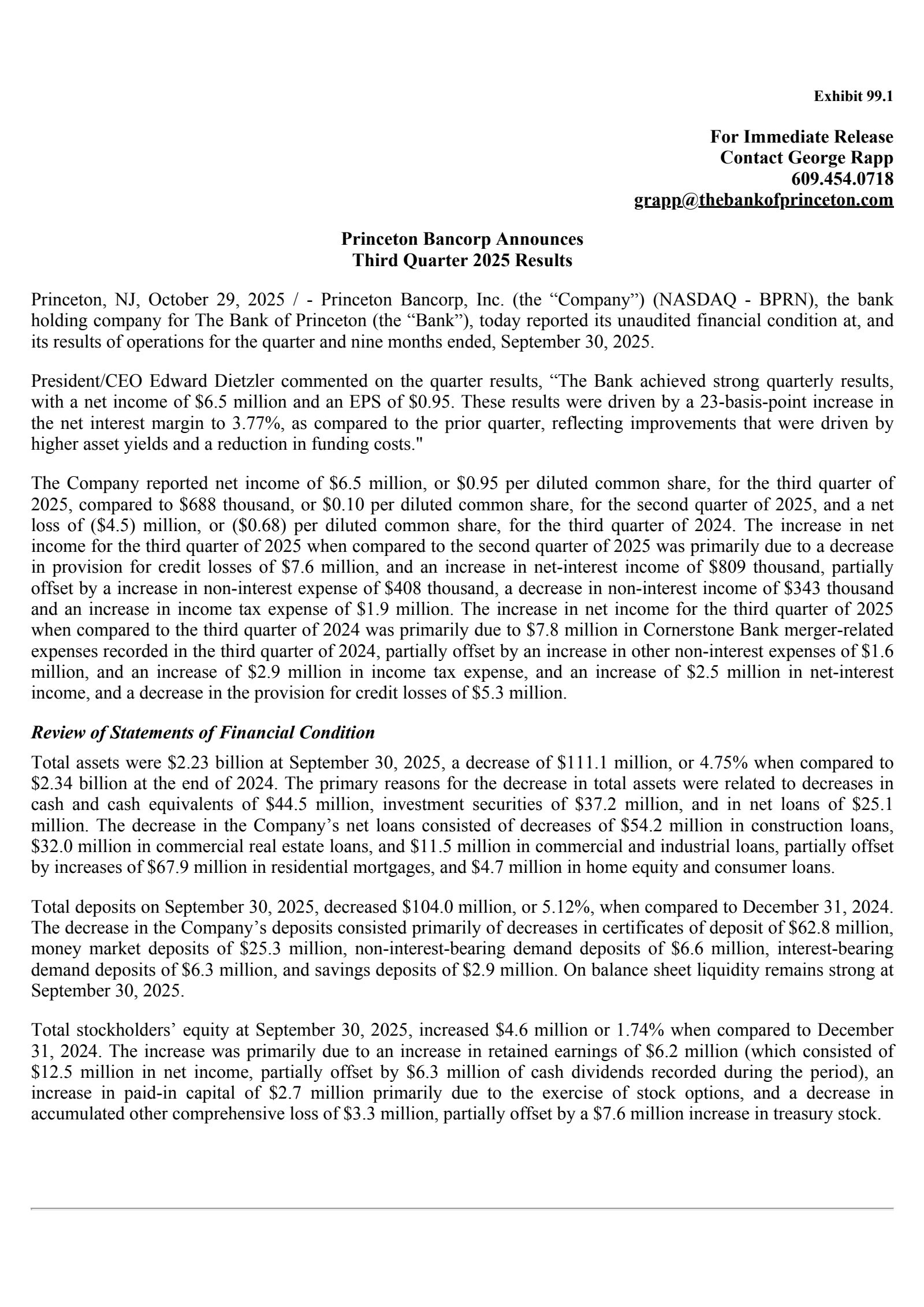 Princeton Bancorp's Q3 2025 Earnings Release