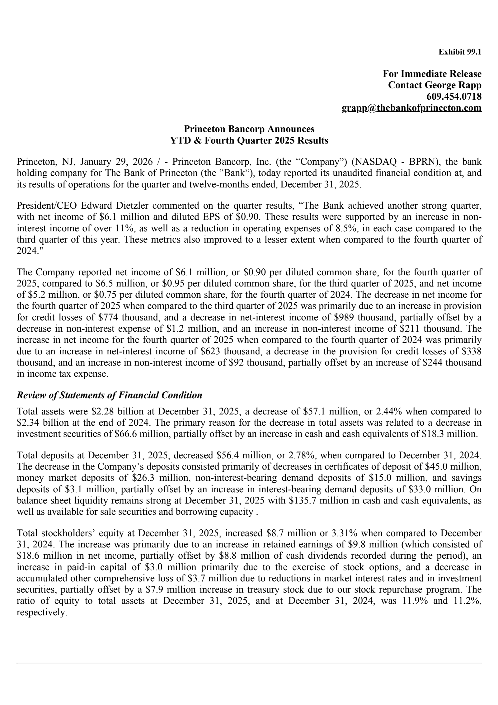 Princeton Bancorp's Q4 2025 Press Release