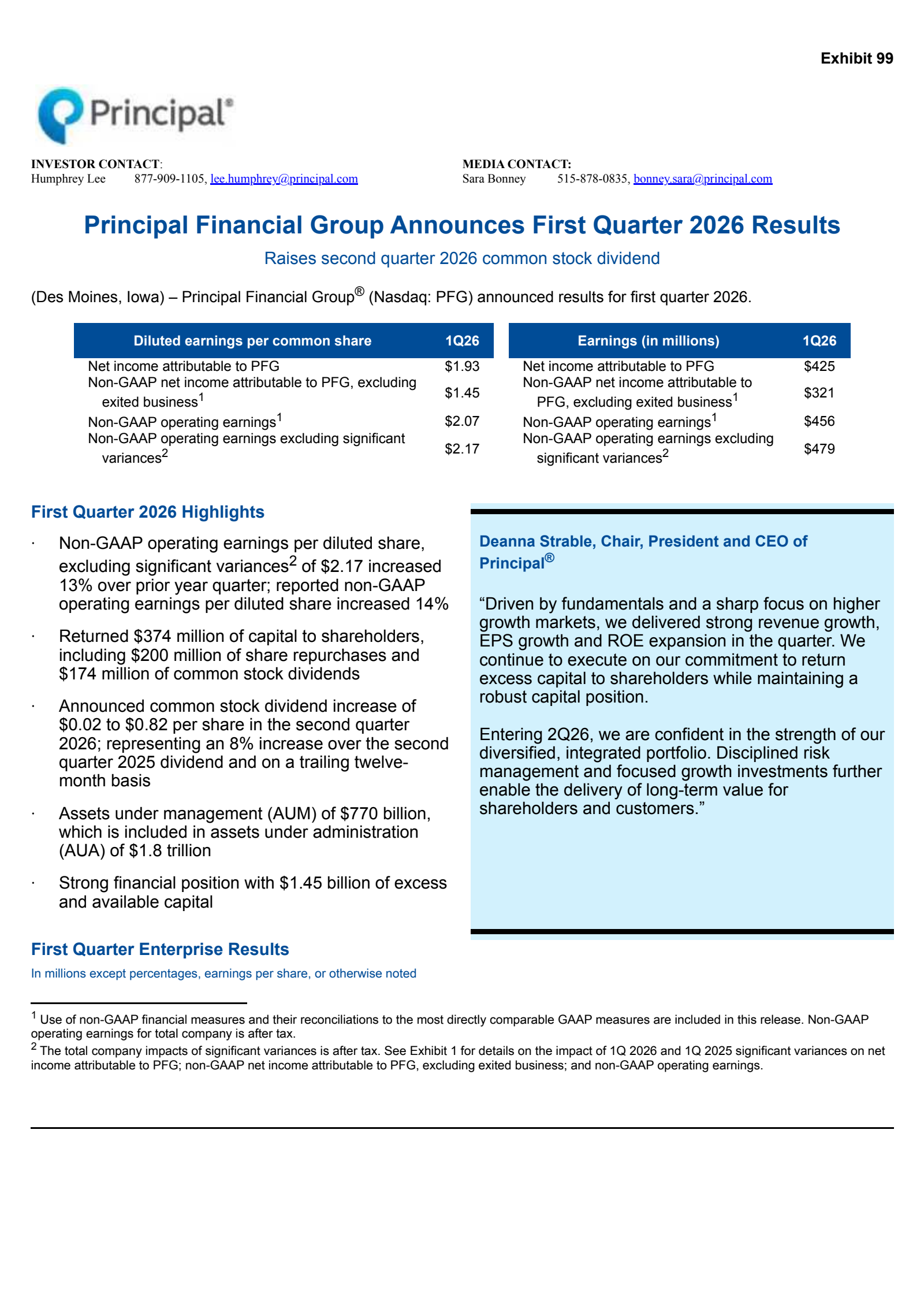 Principal Financial Group's Q1 2026 Press Release