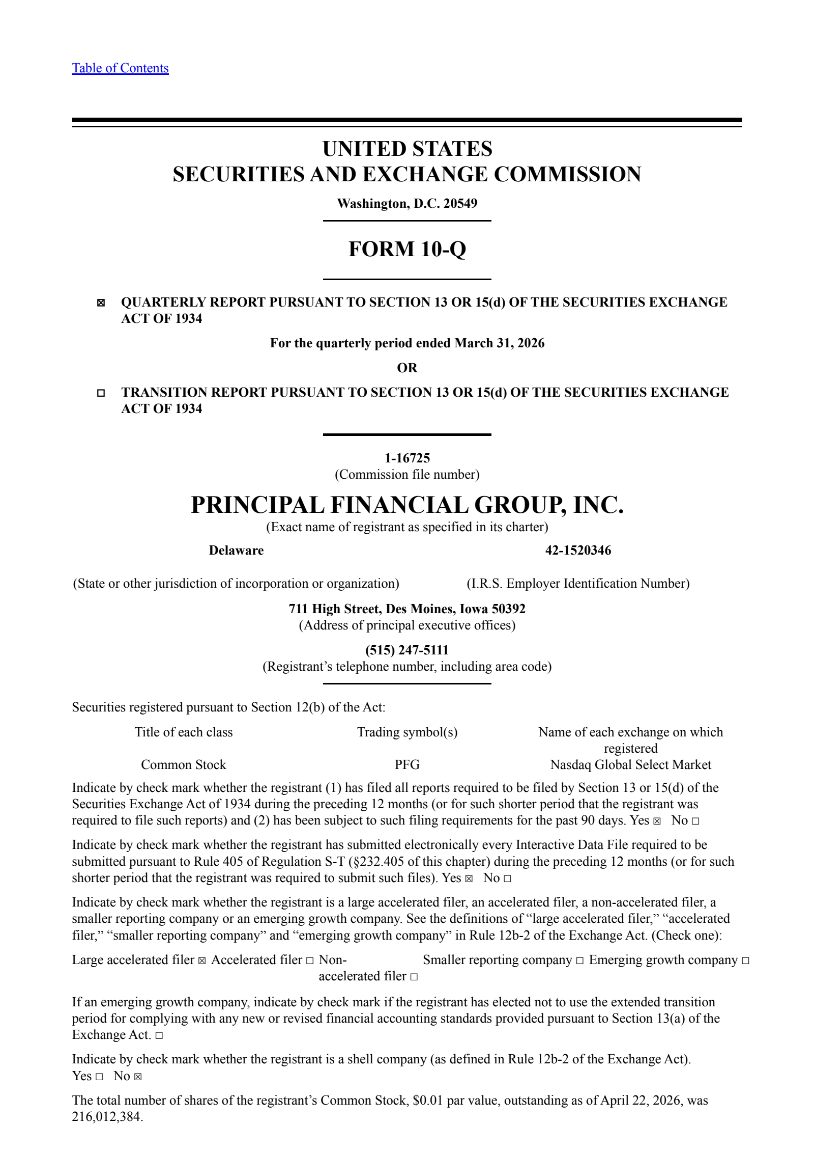 Principal Financial Group's Q1 2026 Quarterly report