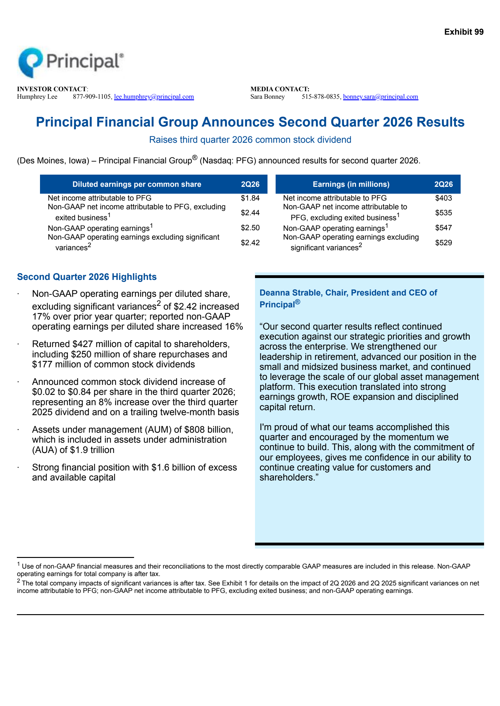 Principal Financial Group's Q2 2026 Press Release