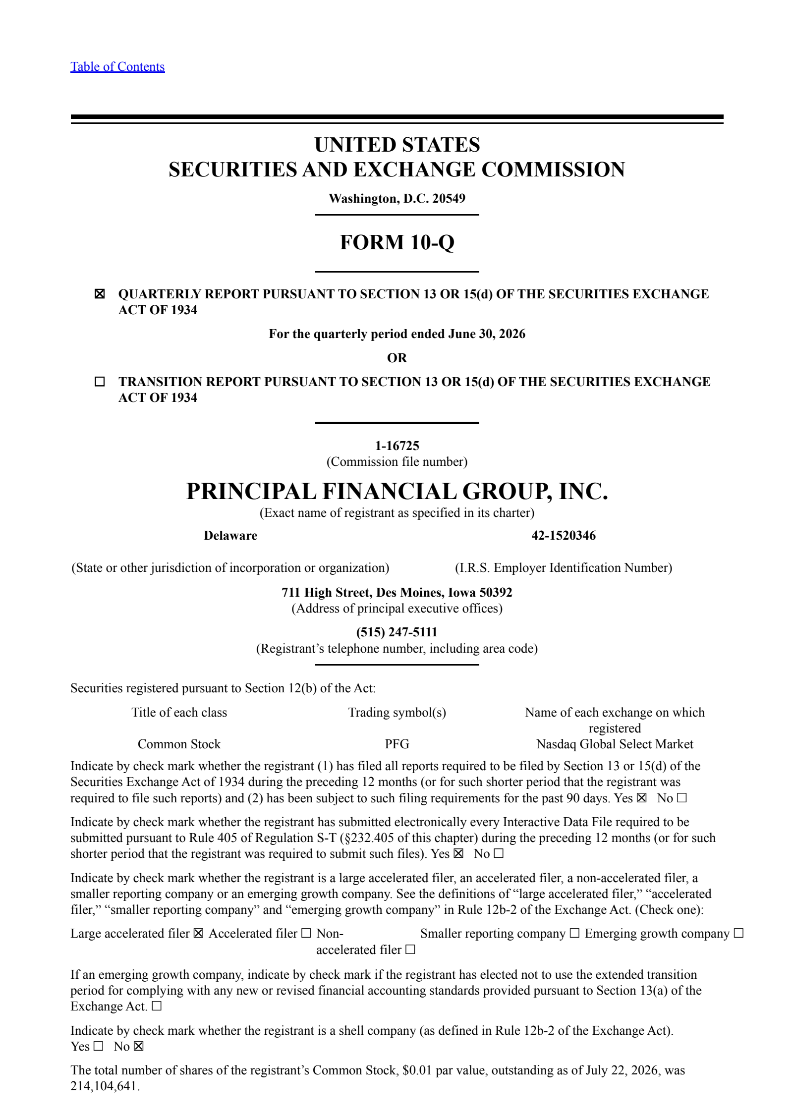 Principal Financial Group's Q2 2026 Quarterly report