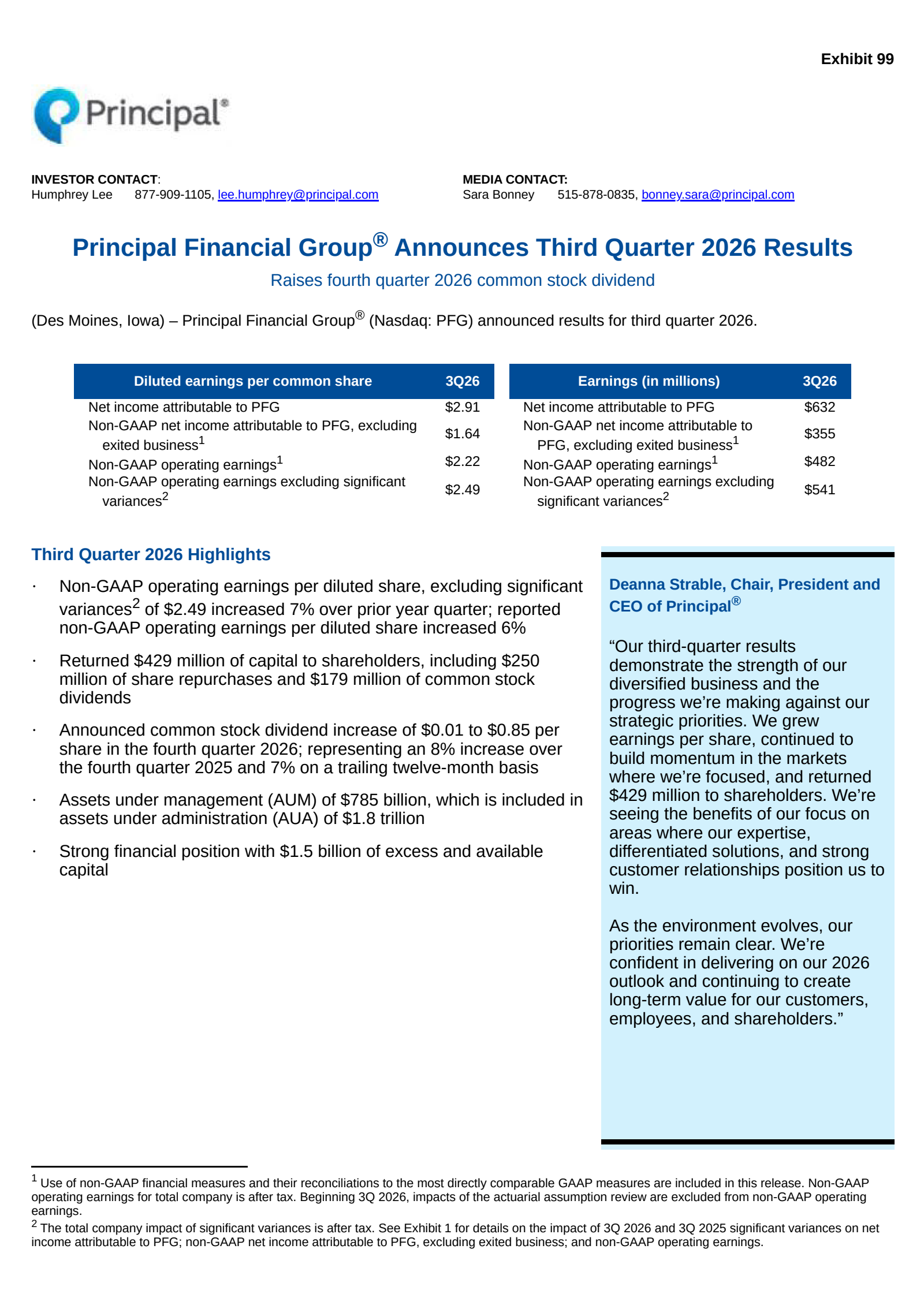 Principal Financial Group's Q3 2026 Press Release
