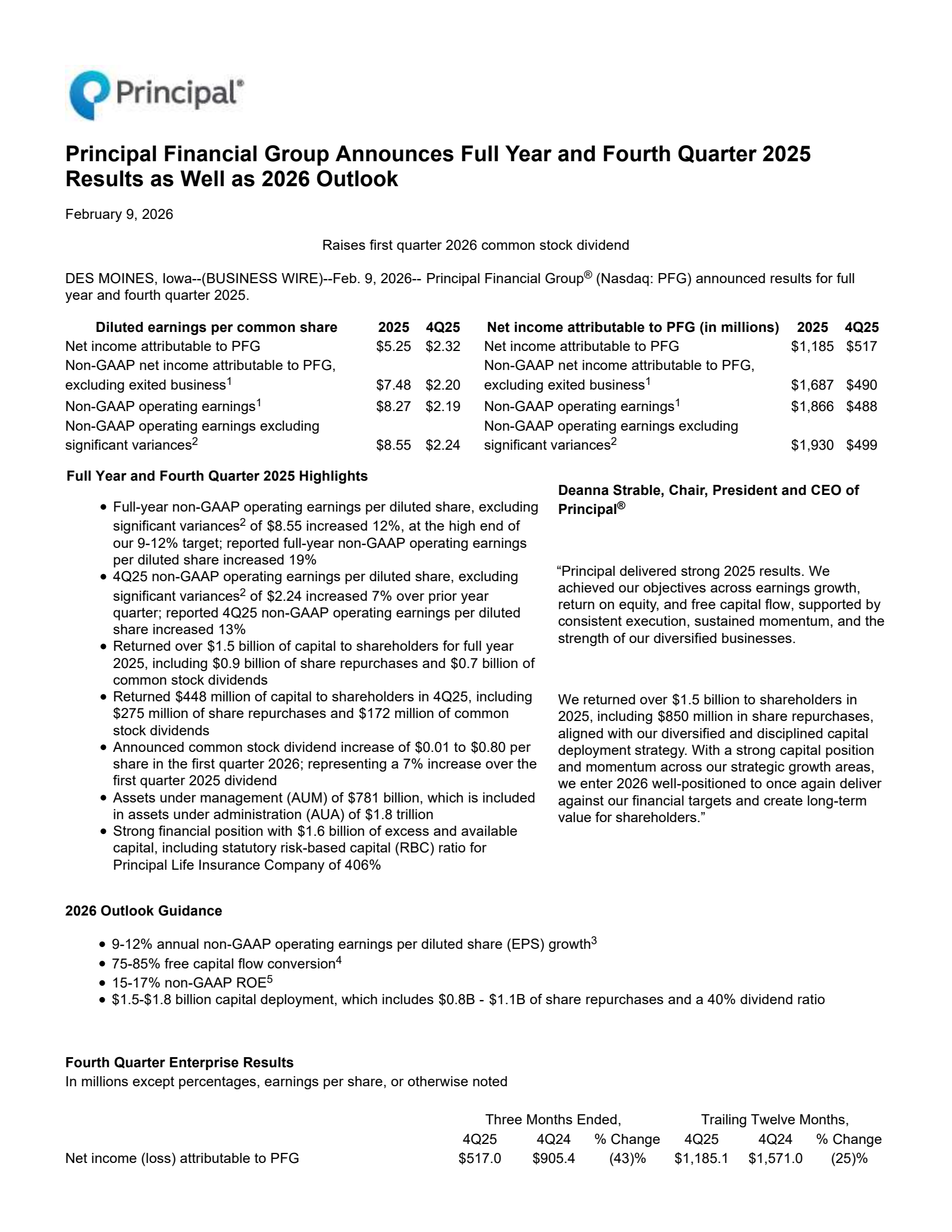 Principal Financial Group's Q4 2025 Press Release