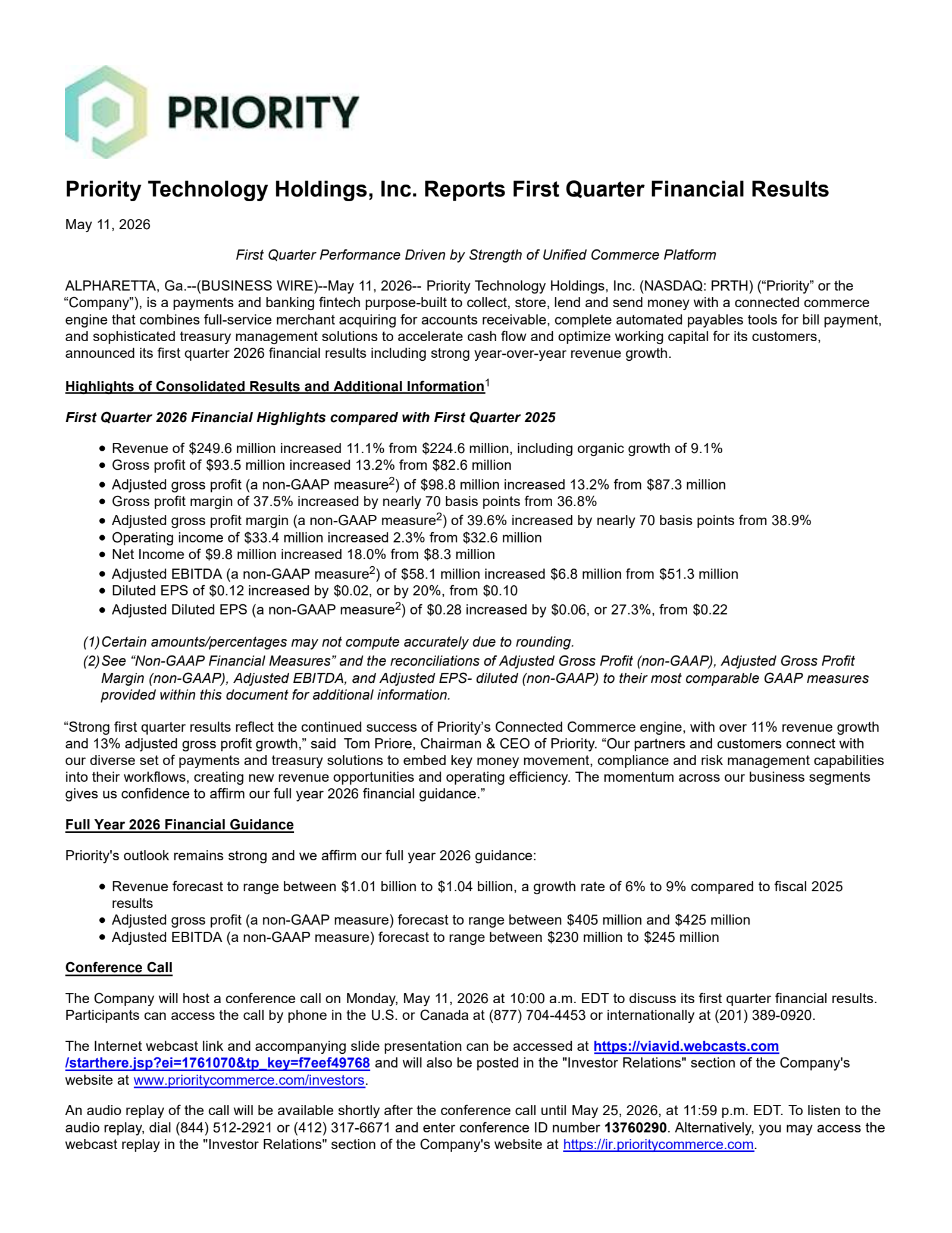 Priority Technology's Q1 2026 Press Release