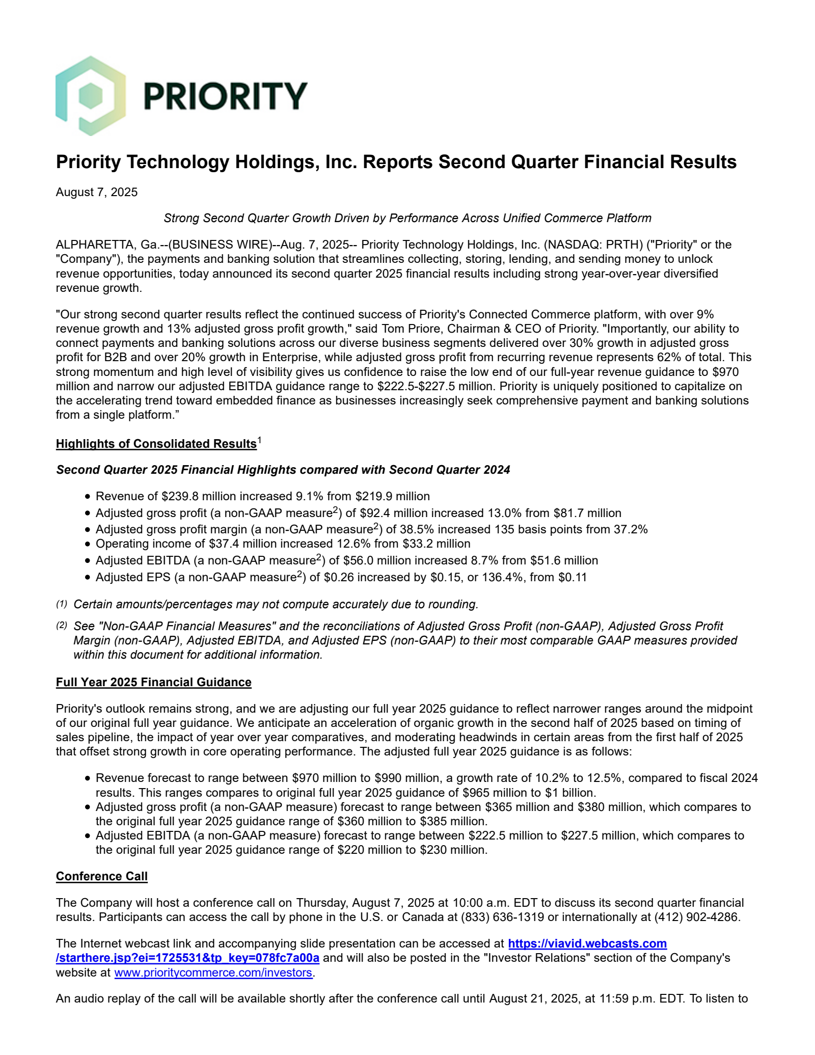 Priority Technology's Q2 2025 Press Release