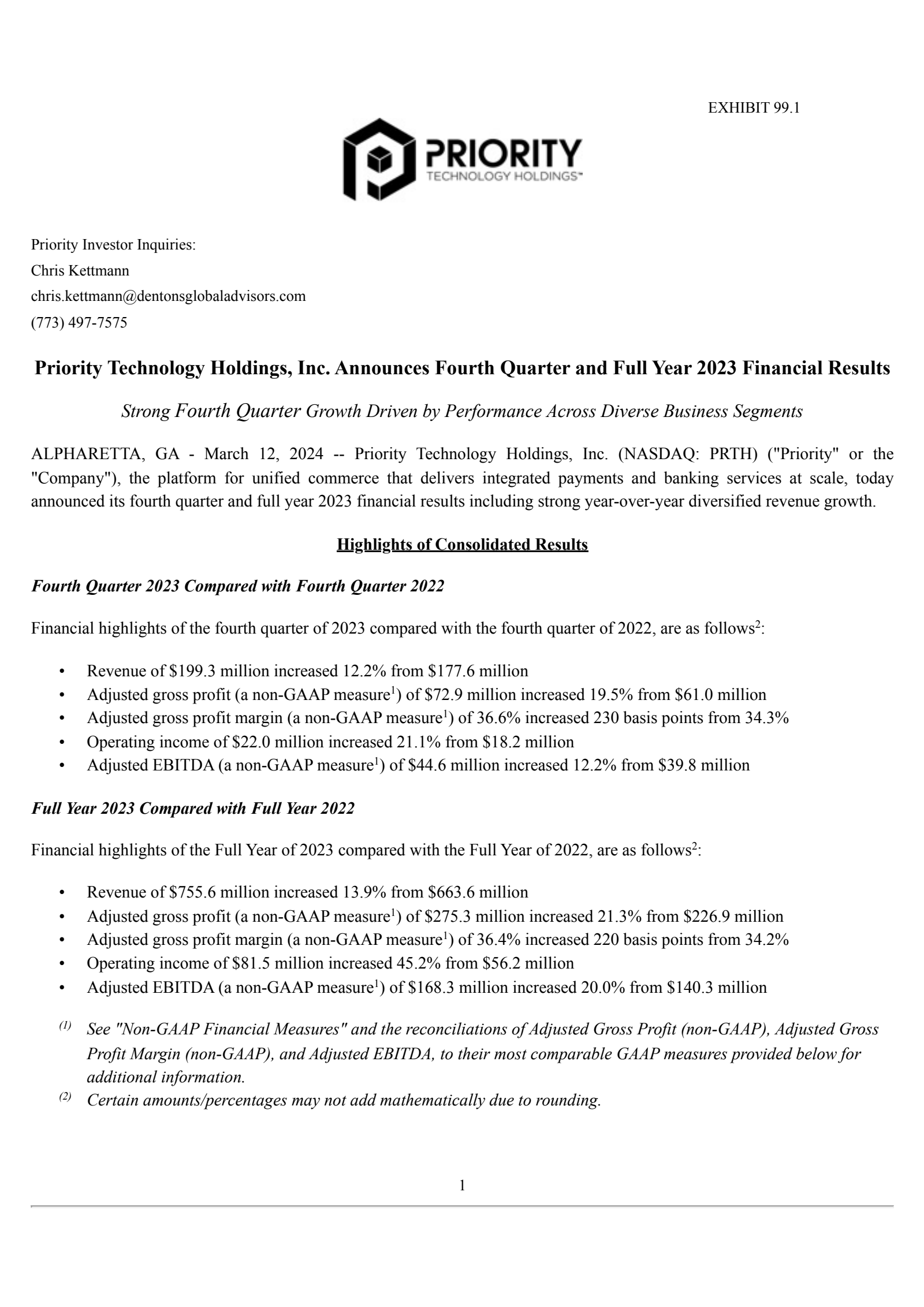 Priority Technology's Q4 2023 Press Release