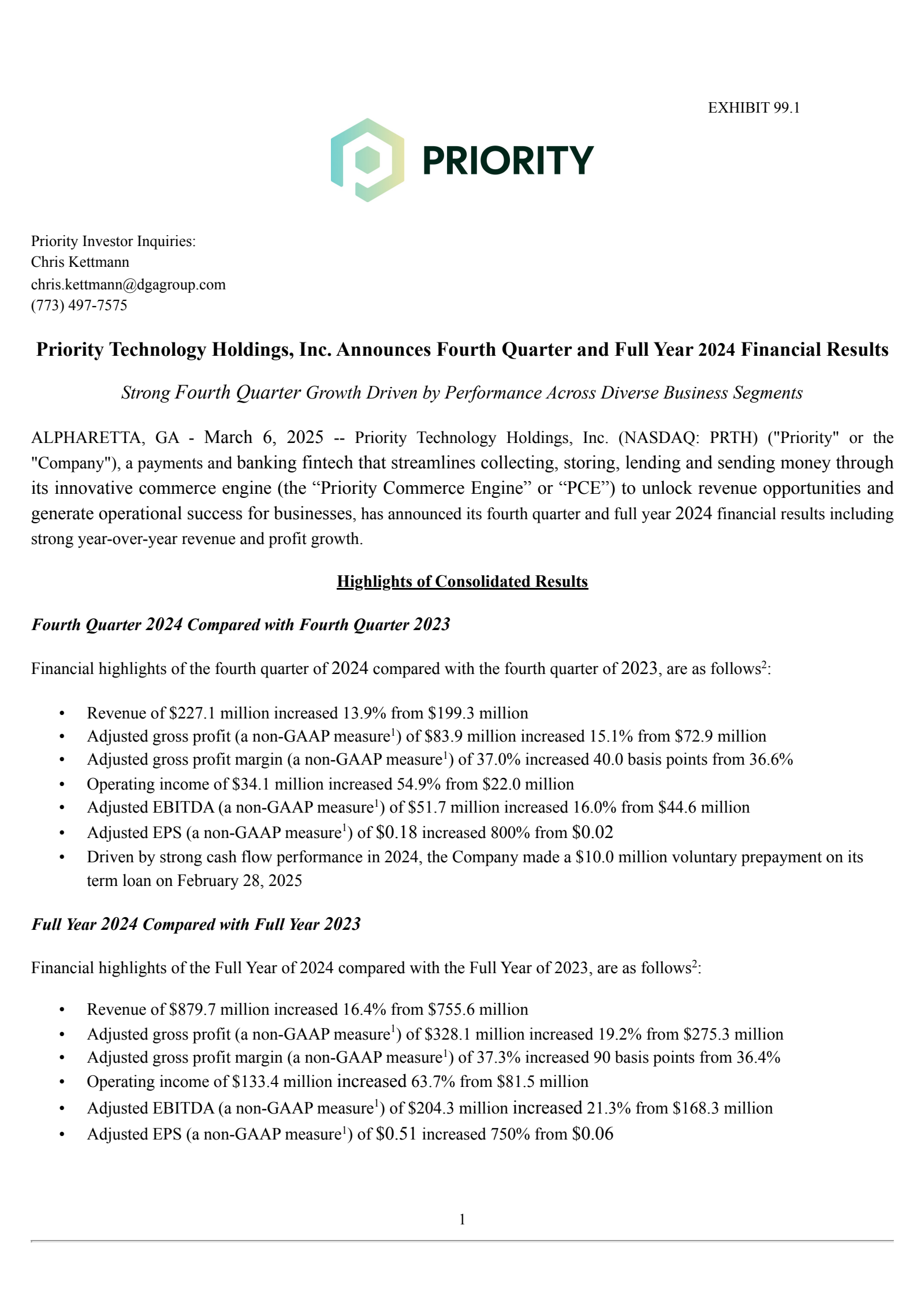 Priority Technology's Q4 2024 Press Release