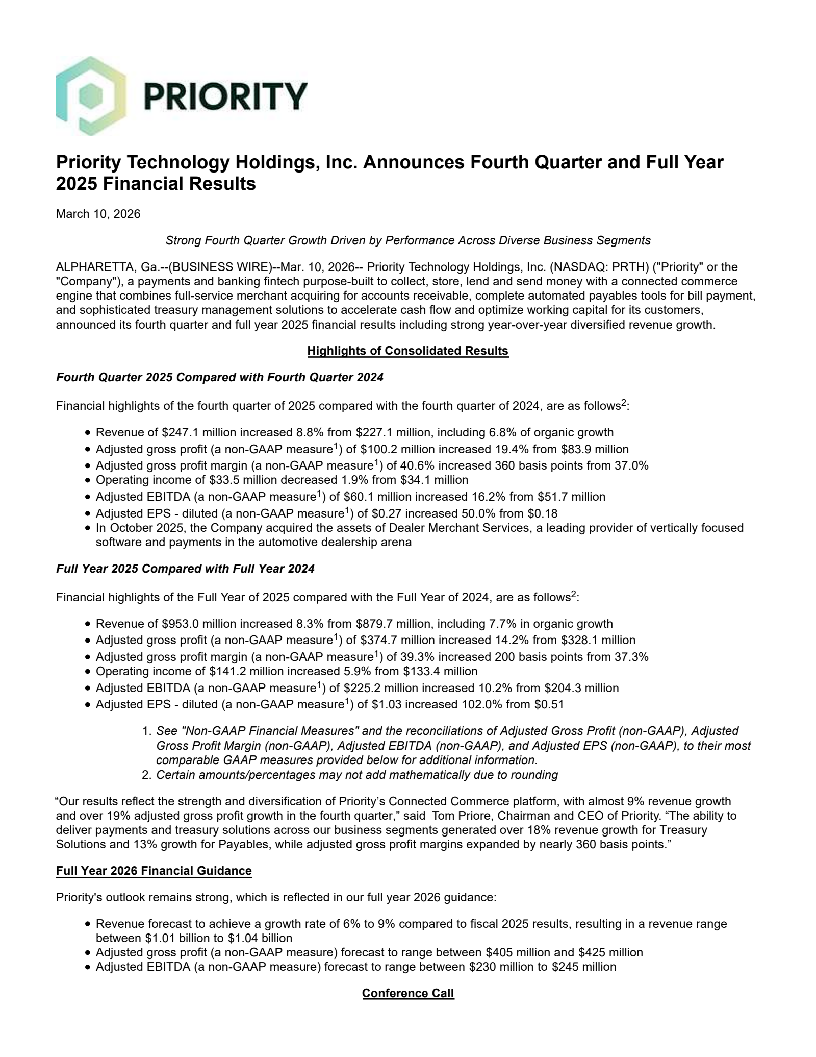 Priority Technology's Q4 2025 Press Release