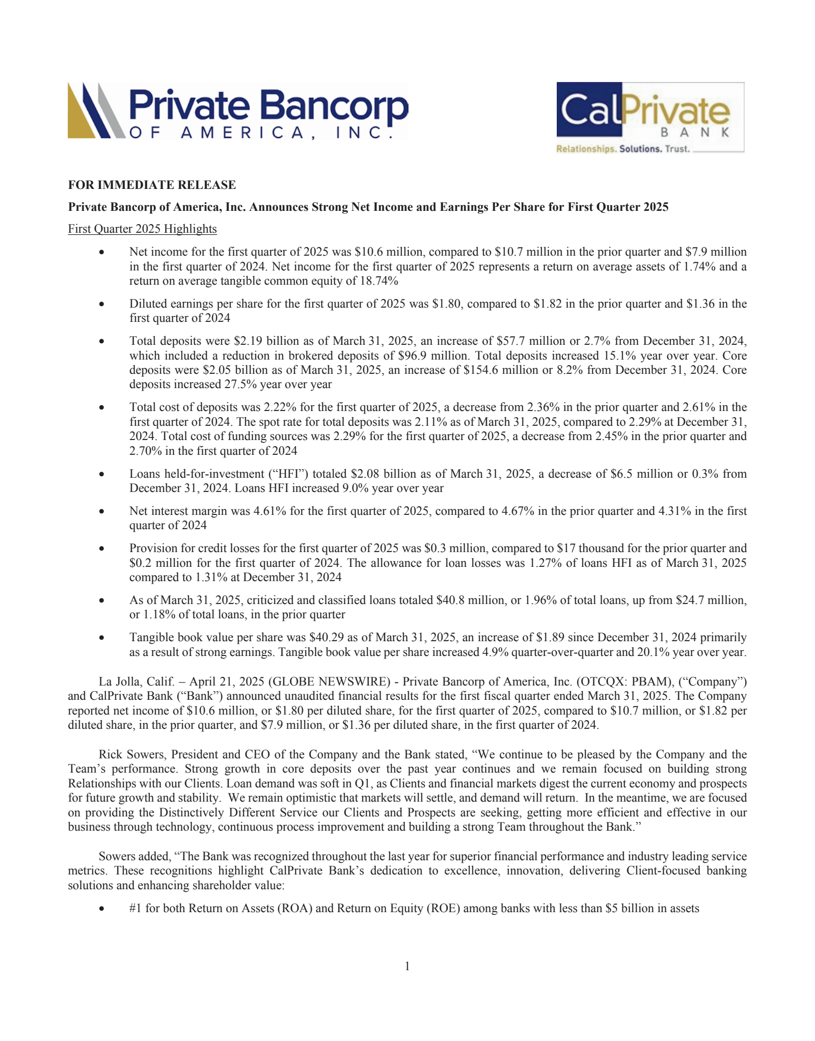 Private Bancorp of America's Q1 2025 Press Release
