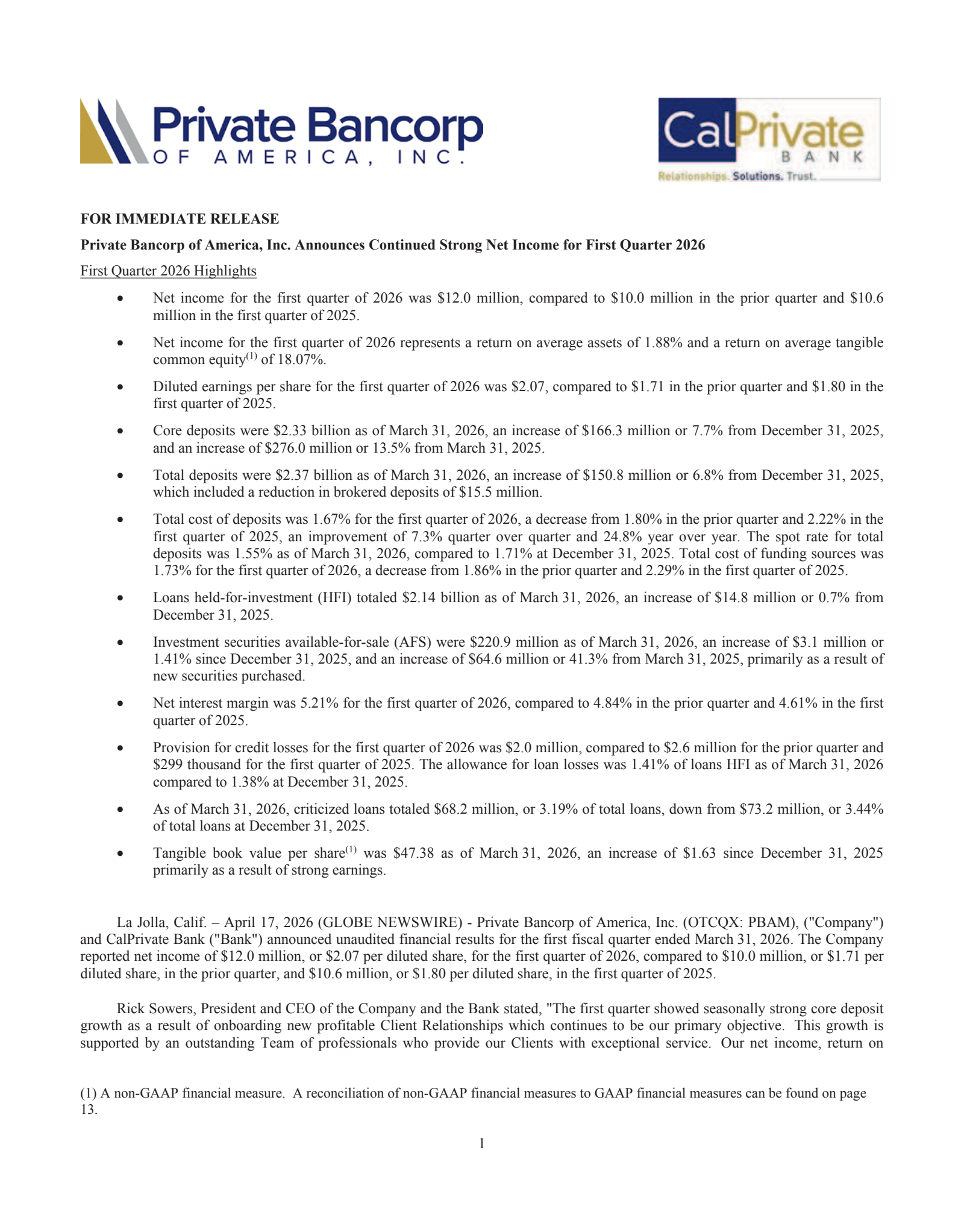 Private Bancorp of America's Q1 2026 Press Release