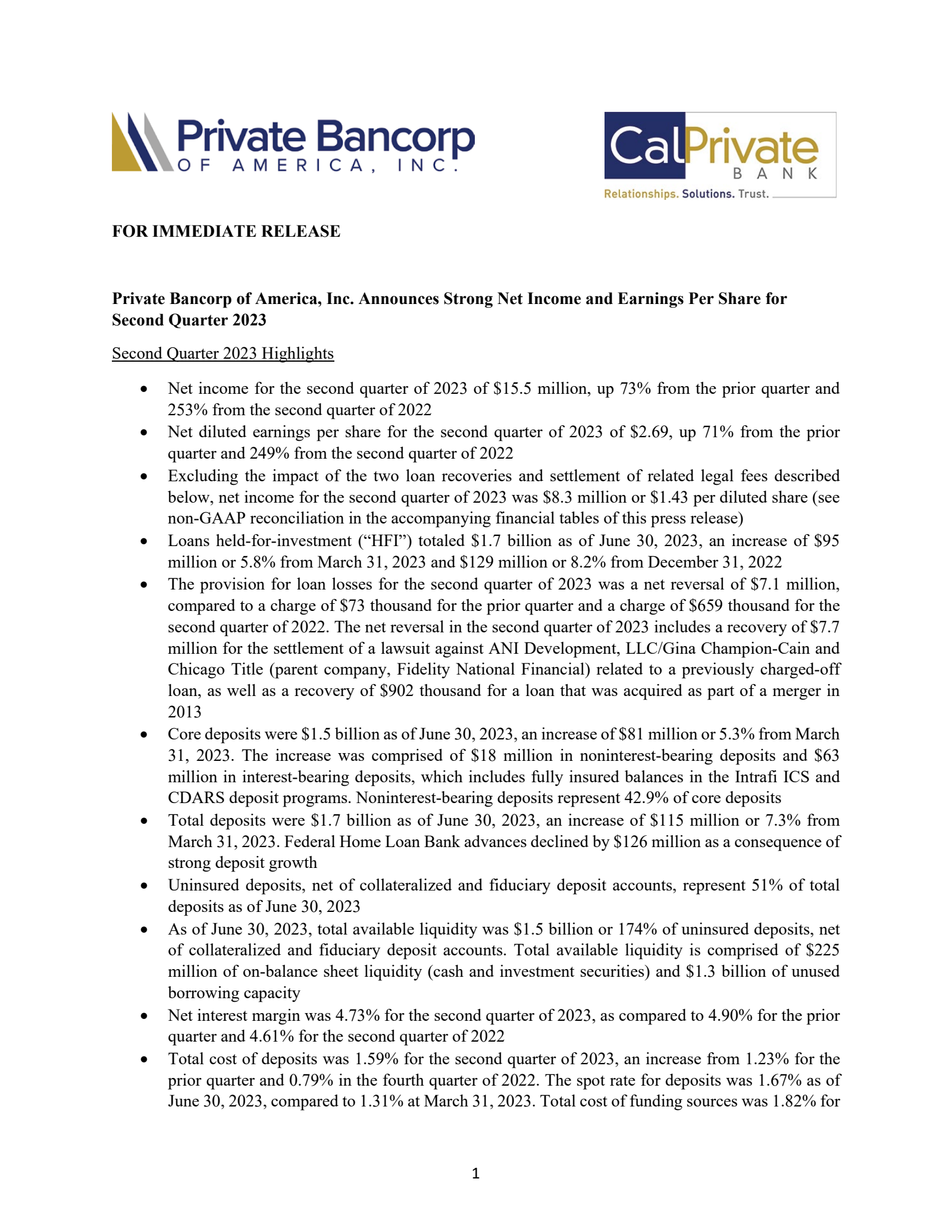 Private Bancorp of America's Q2 2023 Press Release