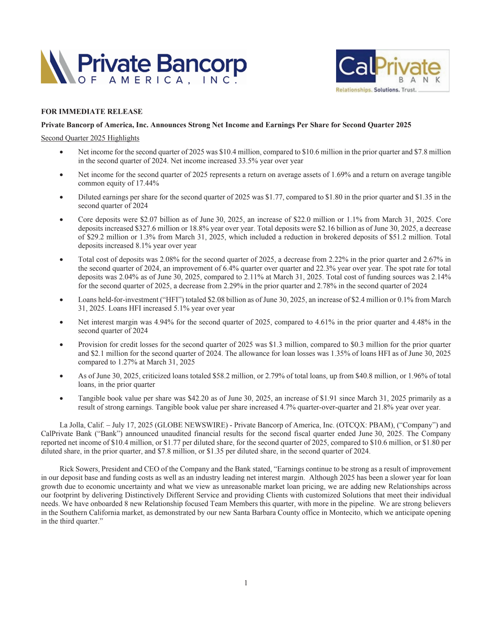 Private Bancorp of America's Q2 2025 Press Release