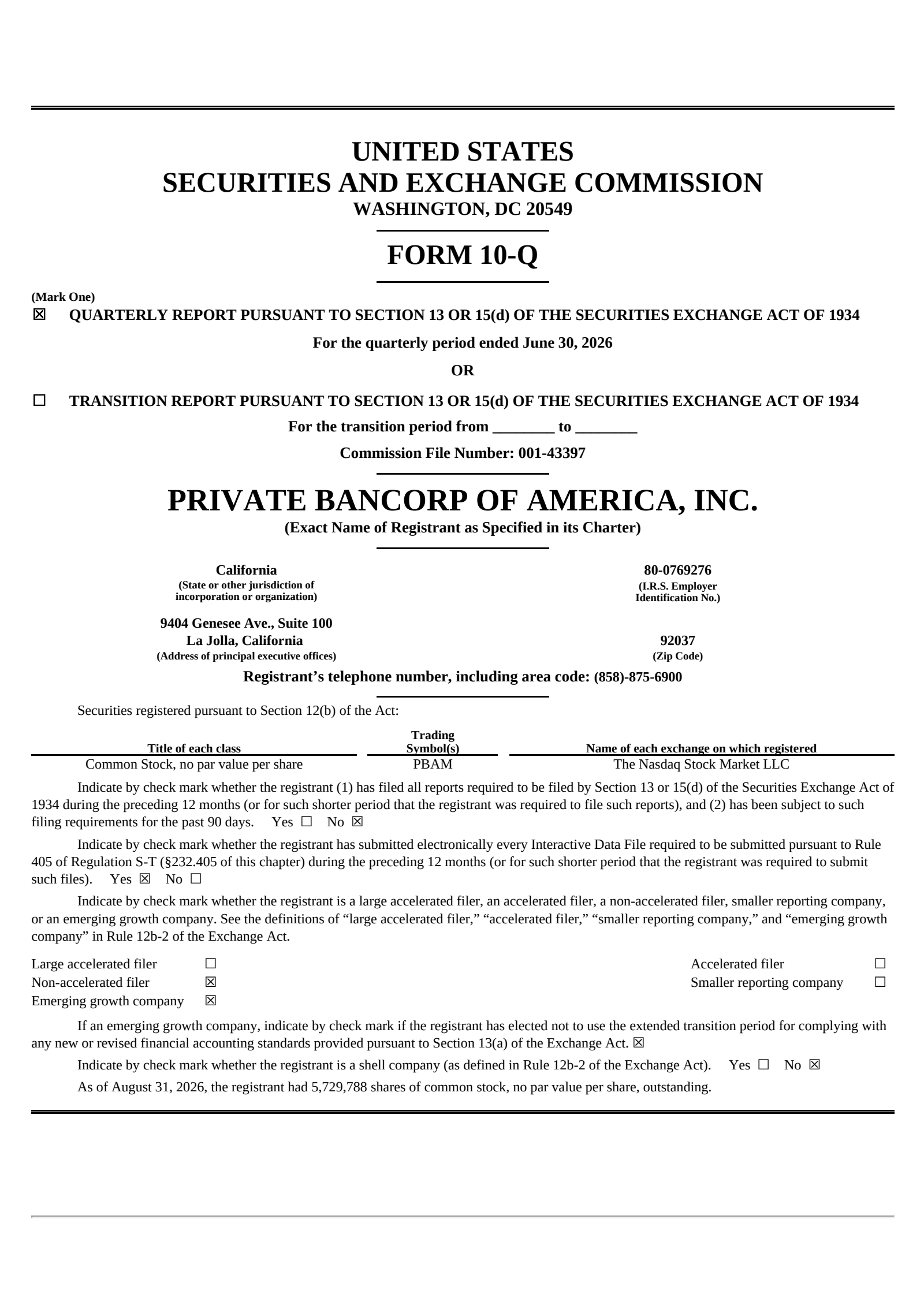 Private Bancorp of America's Q2 2026 Quarterly report