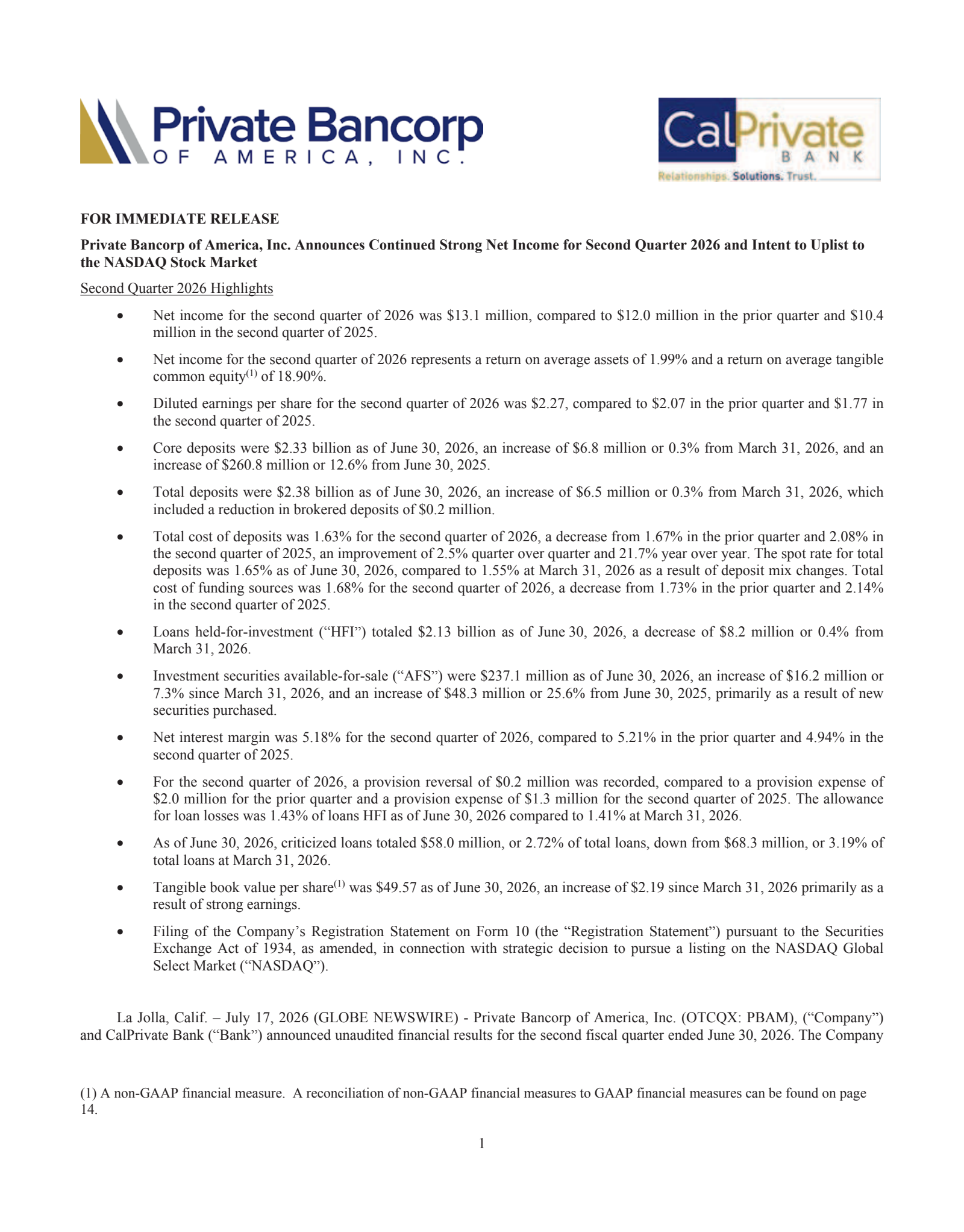 Private Bancorp of America's Q2 2026 Press Release