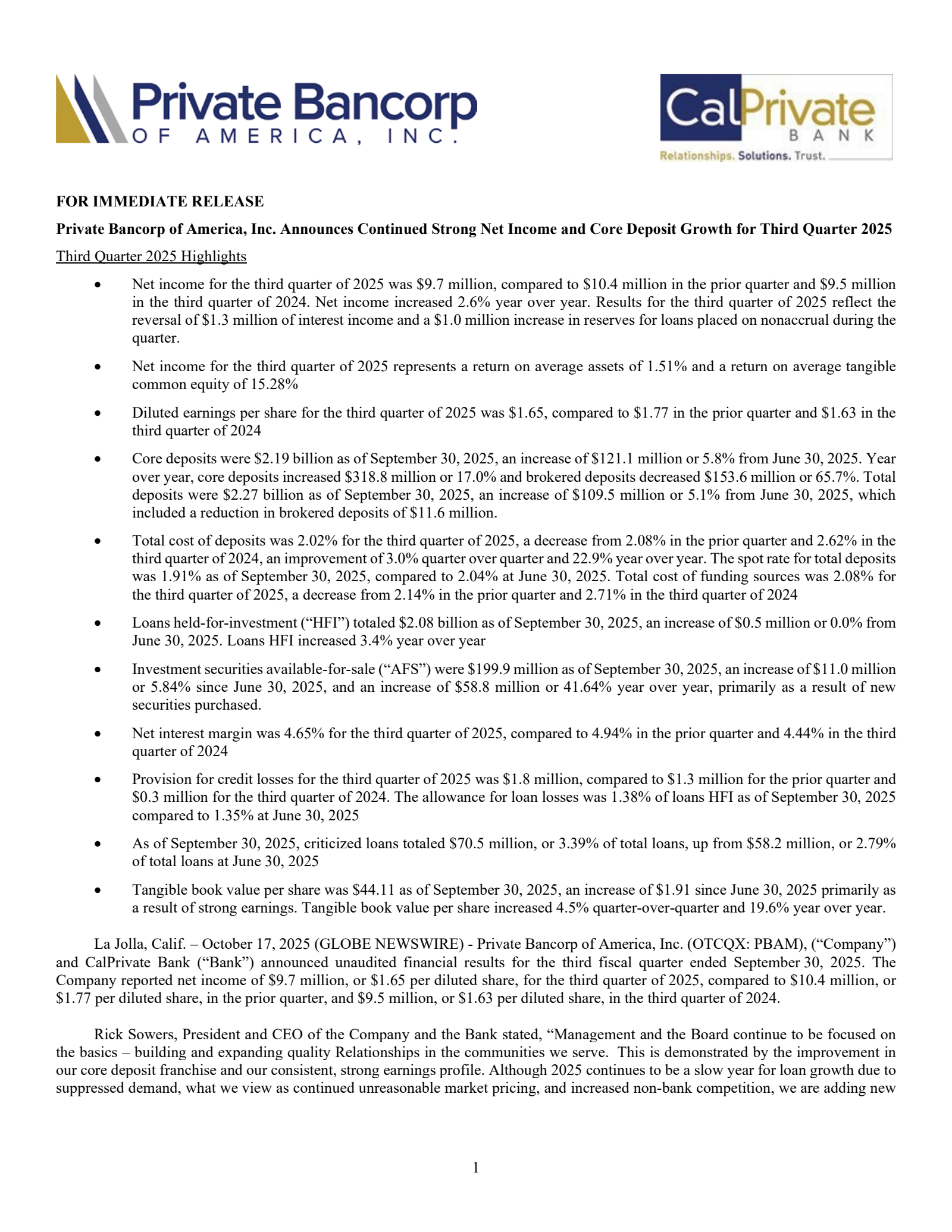 Private Bancorp of America's Q3 2025 Earnings Release