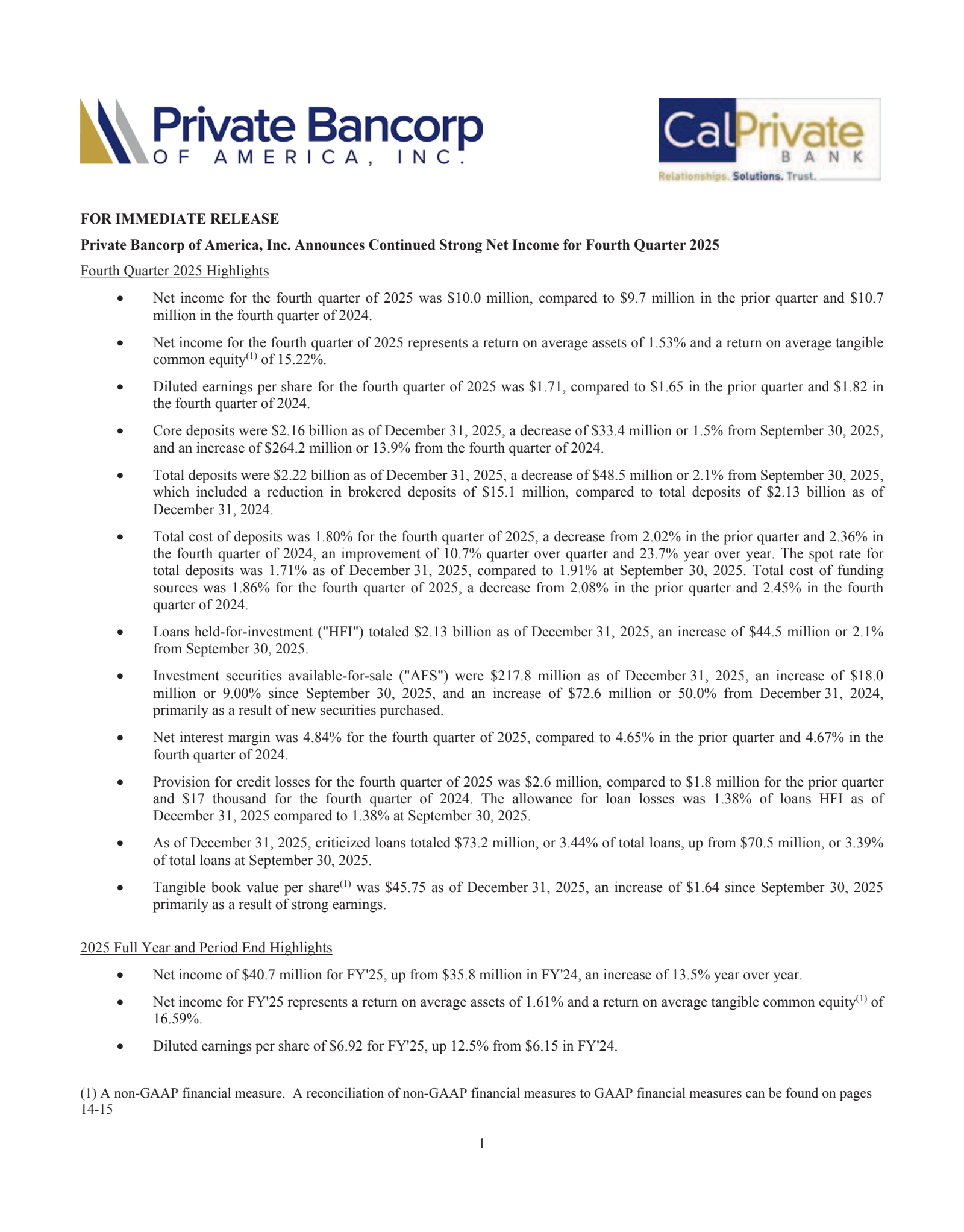 Private Bancorp of America's Q4 2025 Press Release