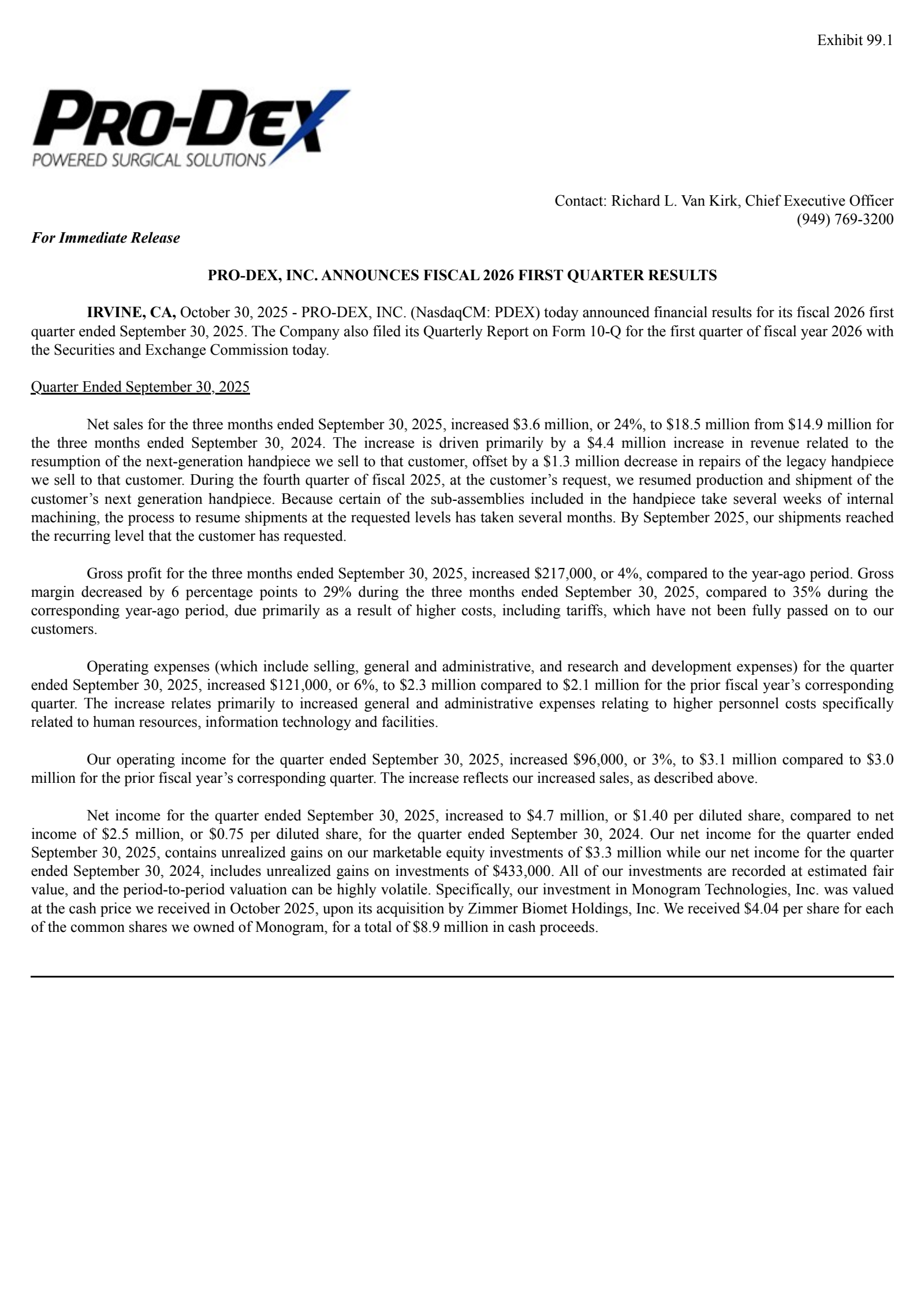 Pro-Dex's Q1 2026 Earnings Release