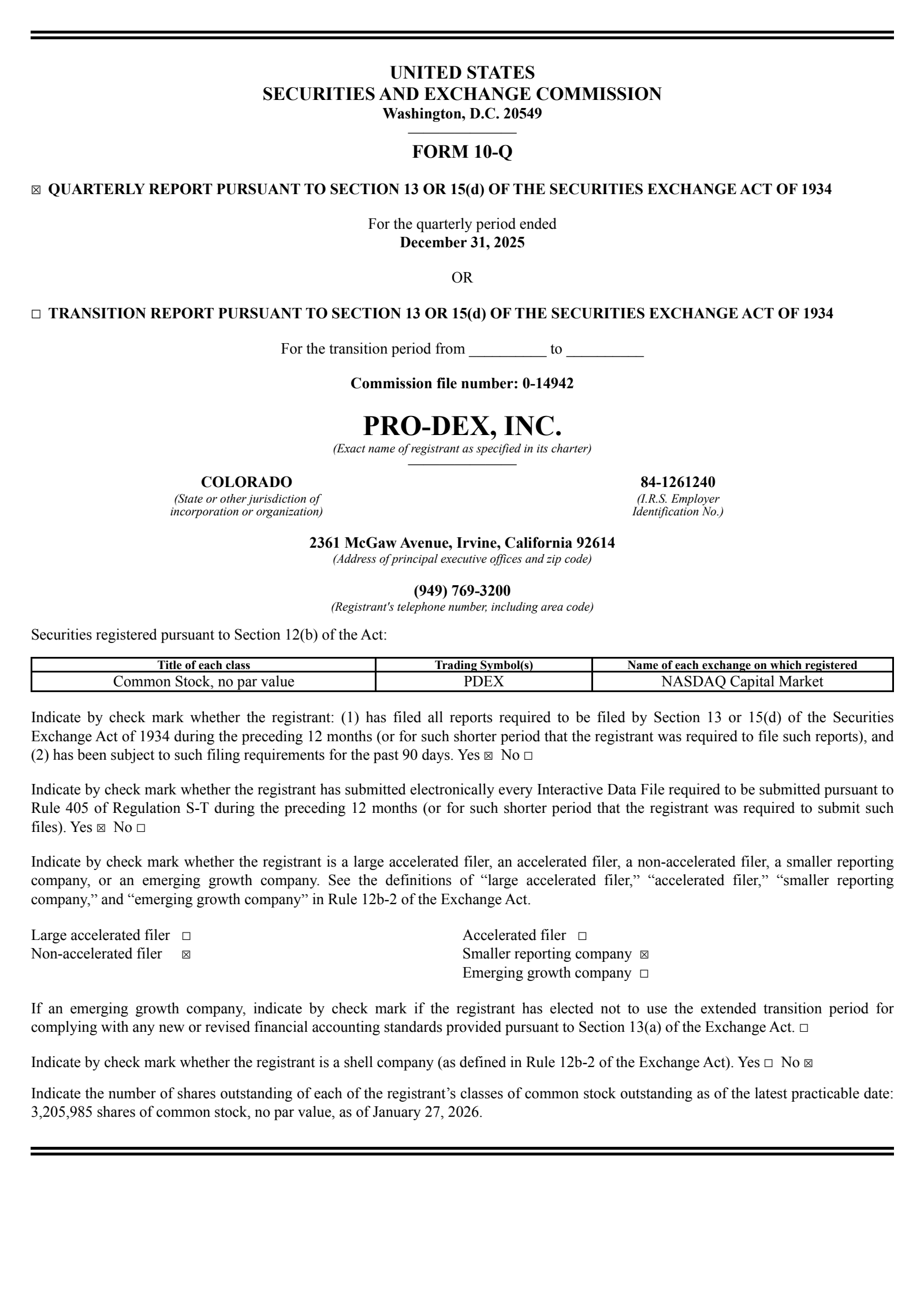Pro-Dex's Q2 2026 Quarterly report