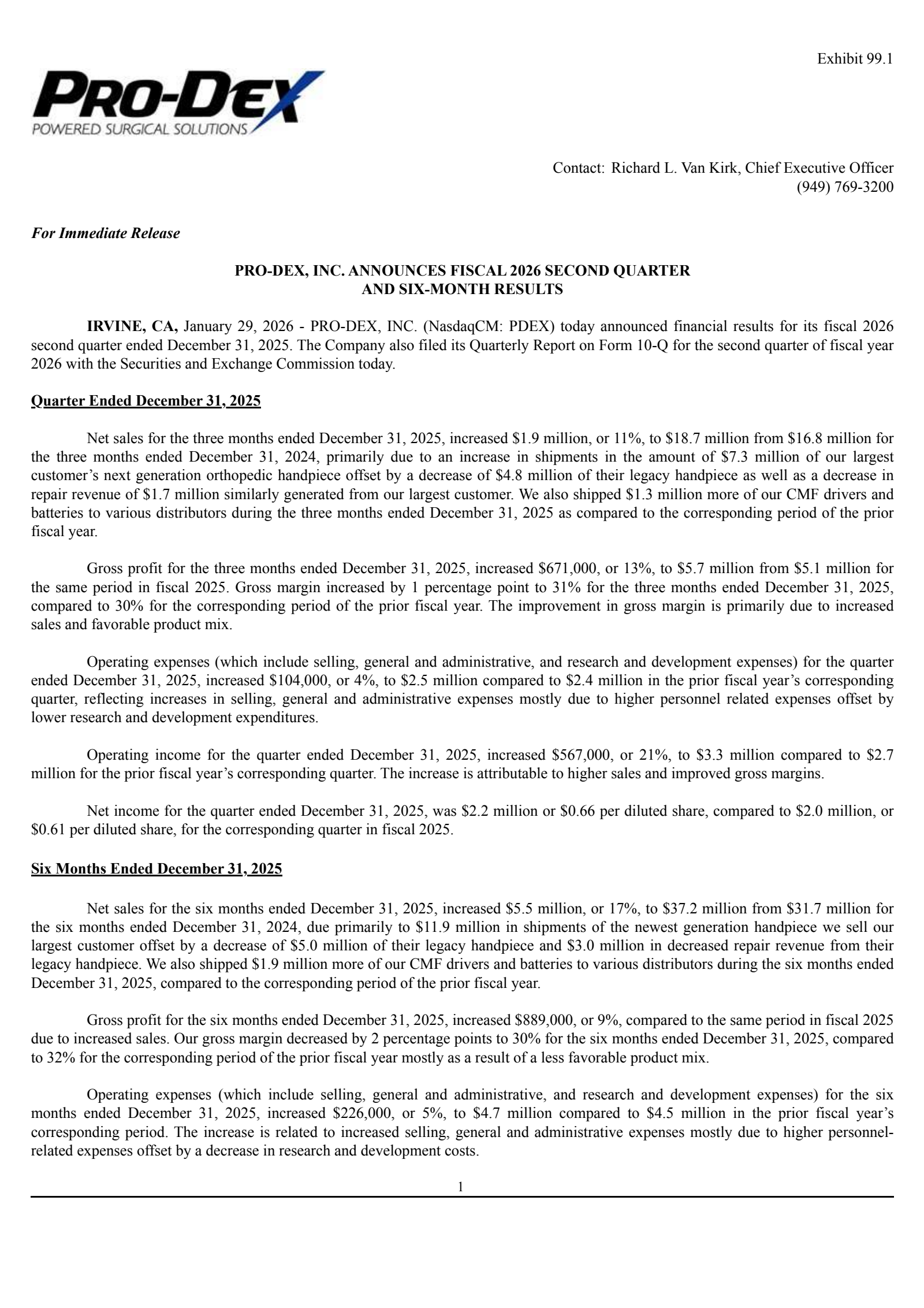 Pro-Dex's Q2 2026 Press Release