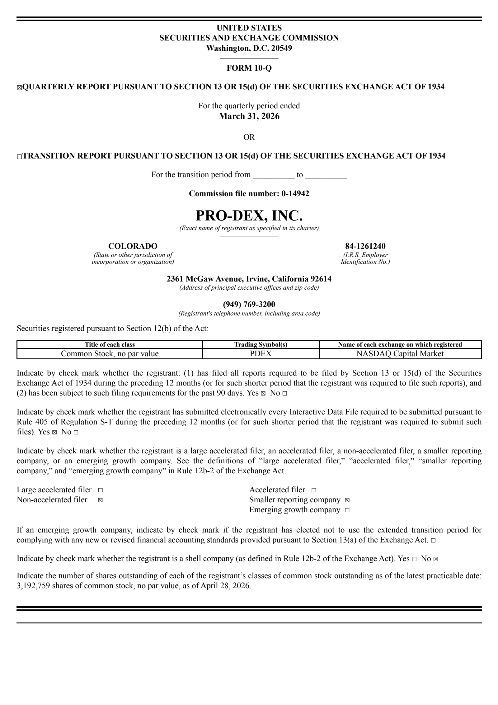 Pro-Dex's Q3 2026 Quarterly report