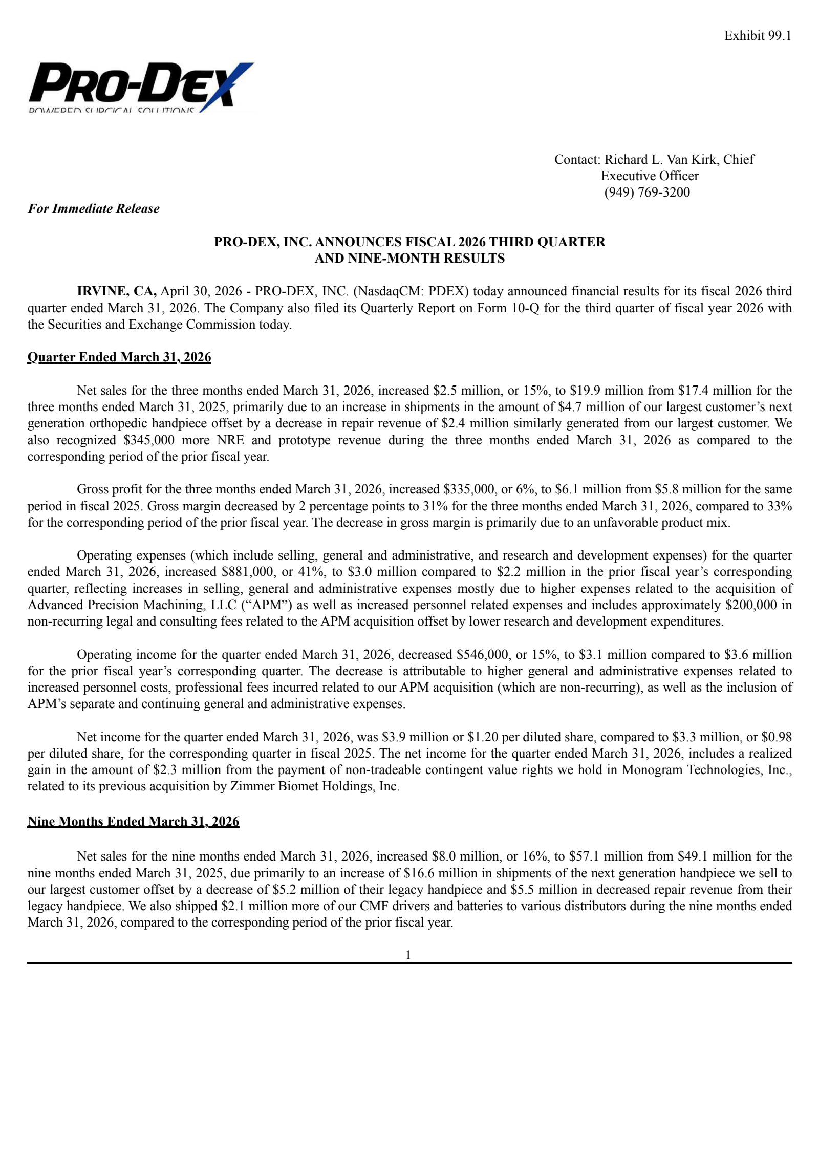 Pro-Dex's Q3 2026 Press Release