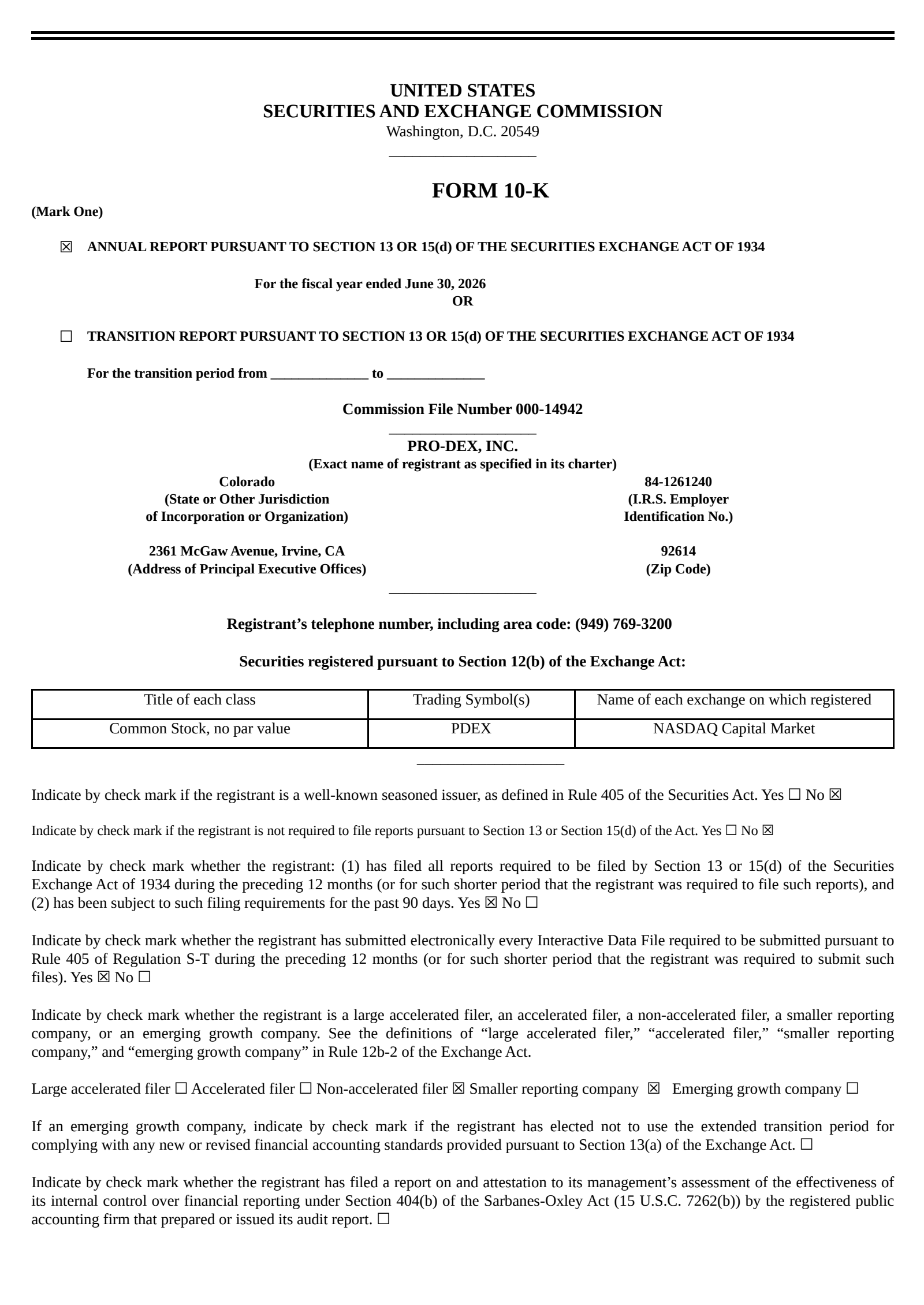 Pro-Dex's Q4 2026 Annual report