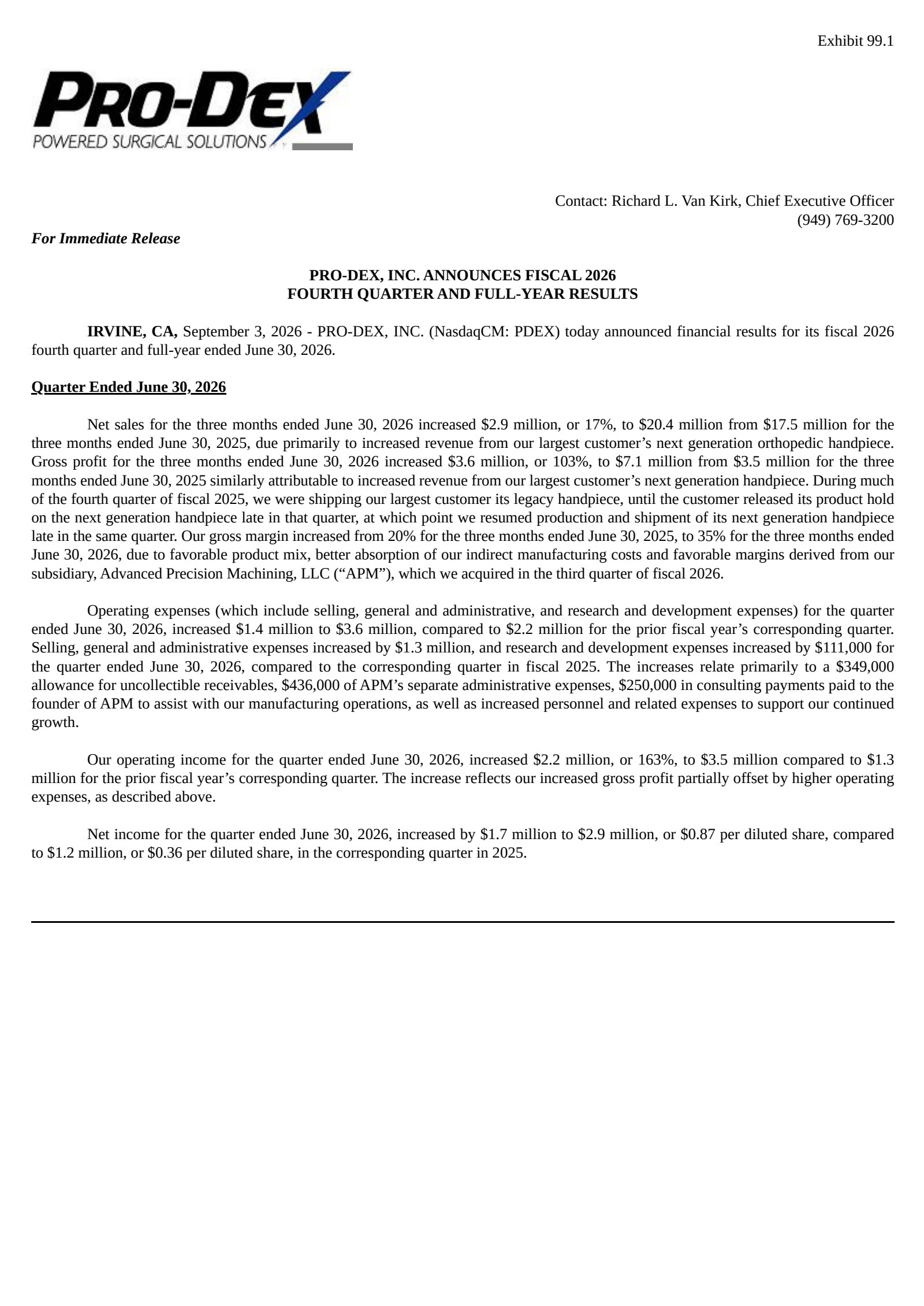 Pro-Dex's Q4 2026 Press Release