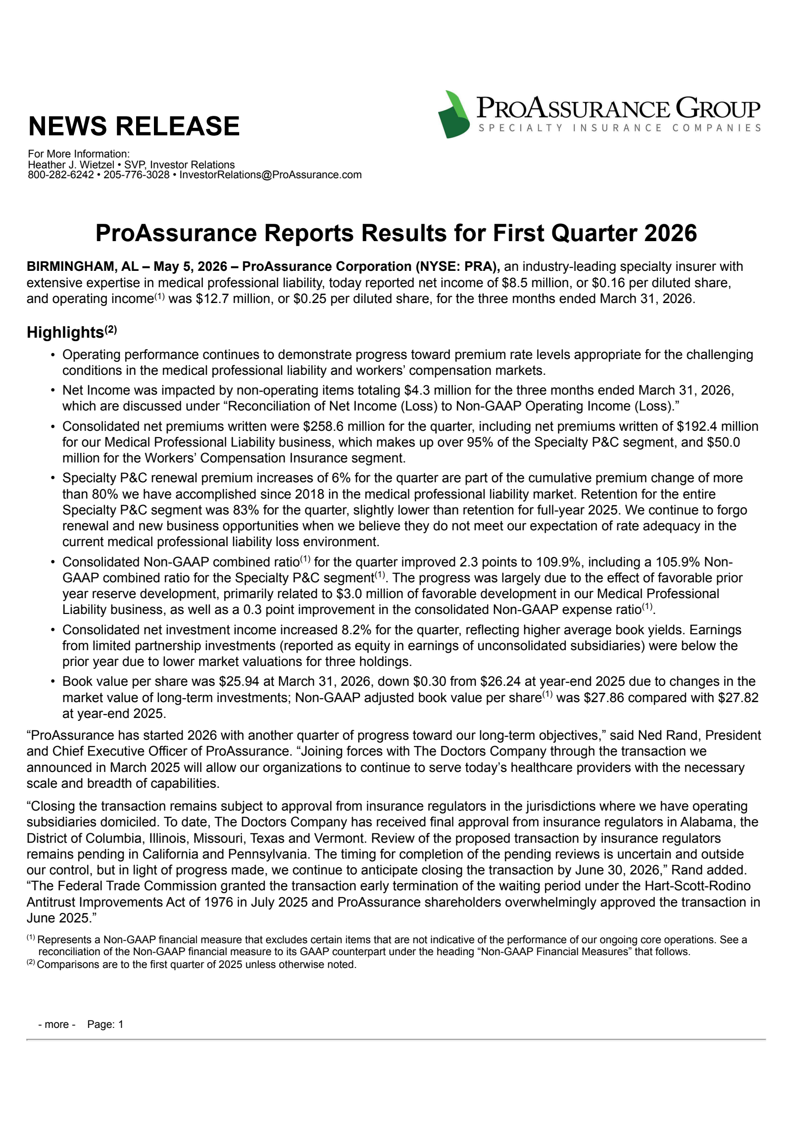ProAssurance's Q1 2026 Press Release