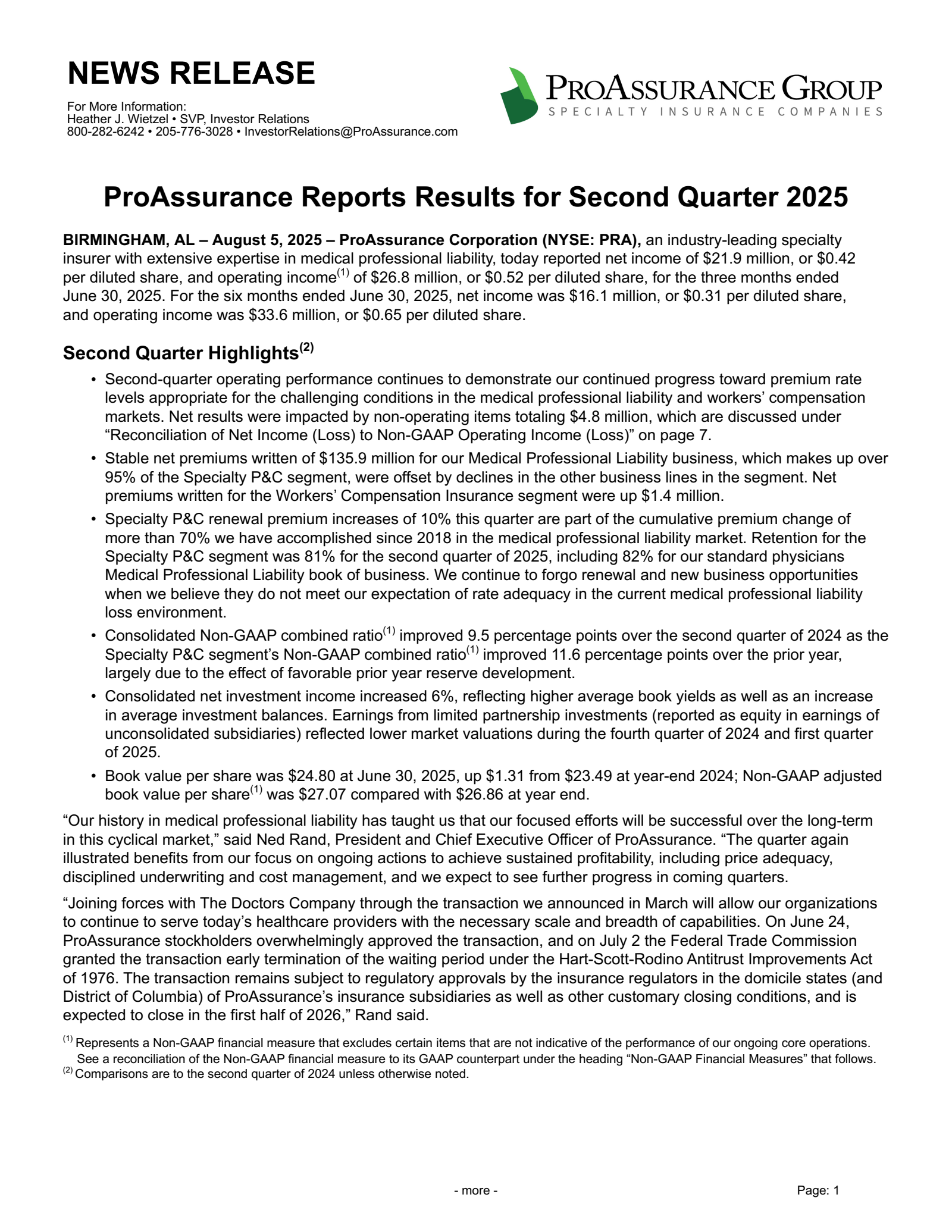 ProAssurance's Q2 2025 Press Release