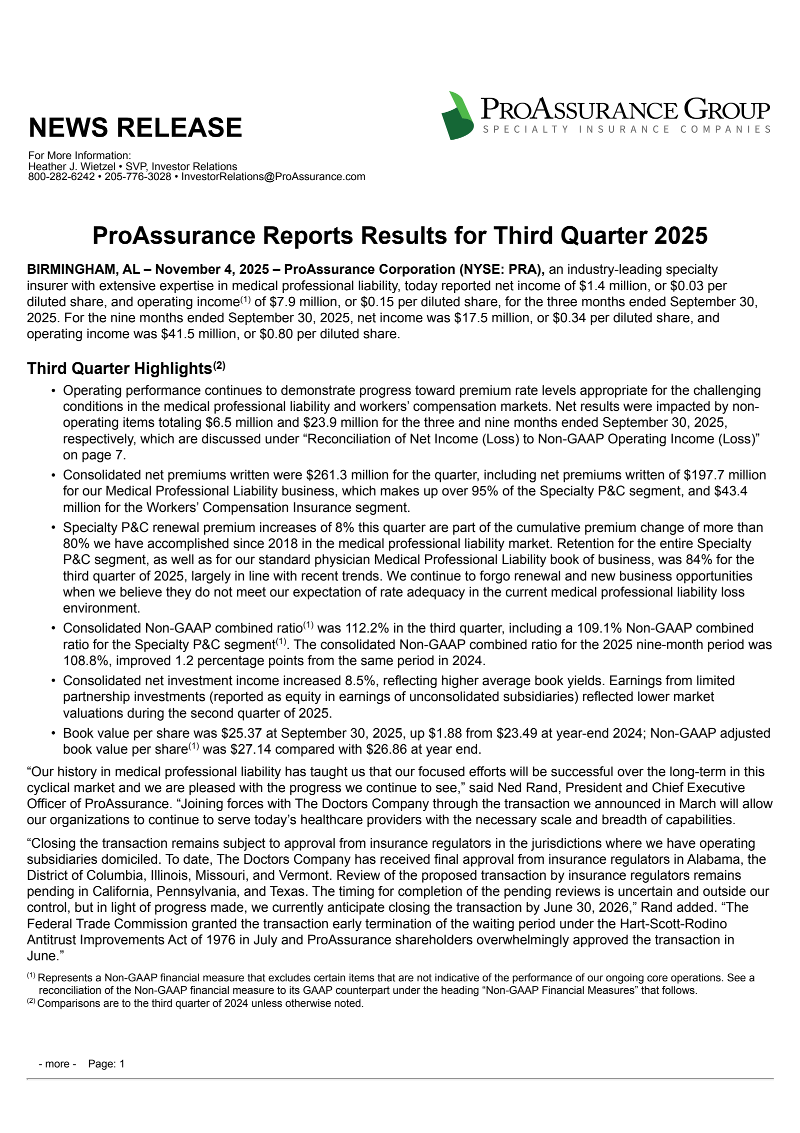 ProAssurance's Q3 2025 Earnings Release