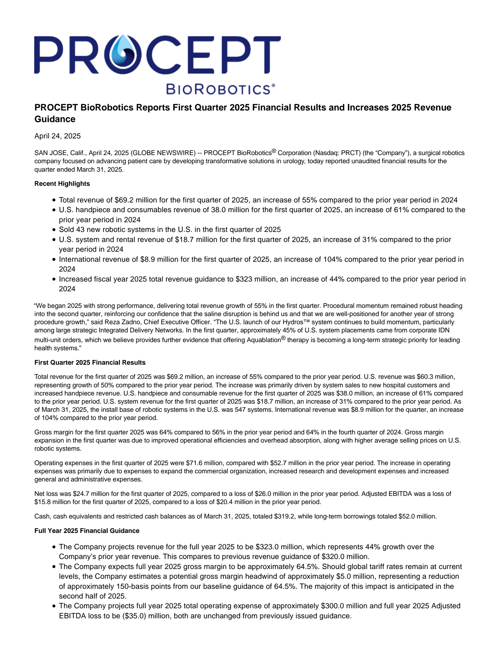 PROCEPT BioRobotics' Q1 2025 Press Release