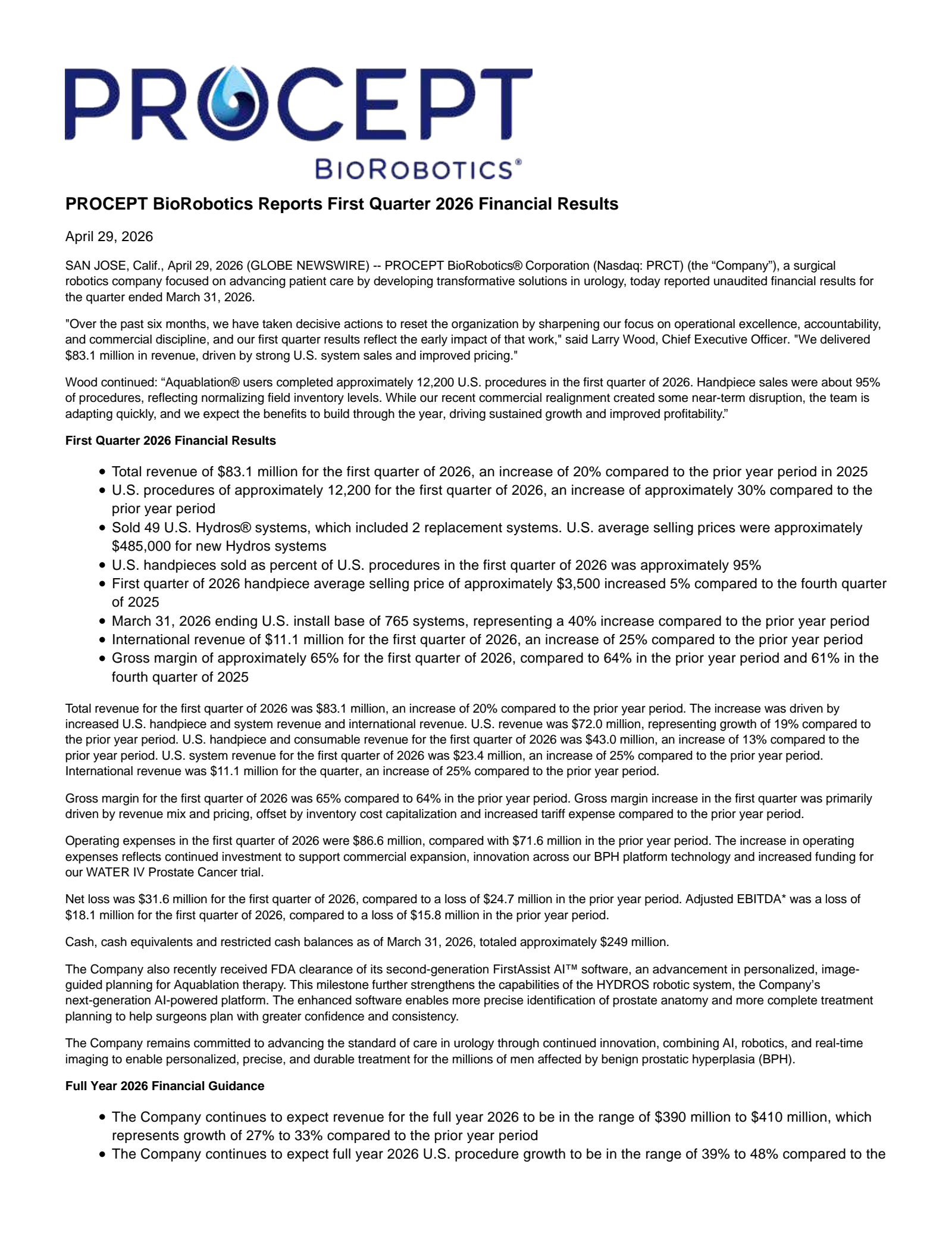 PROCEPT BioRobotics' Q1 2026 Press Release