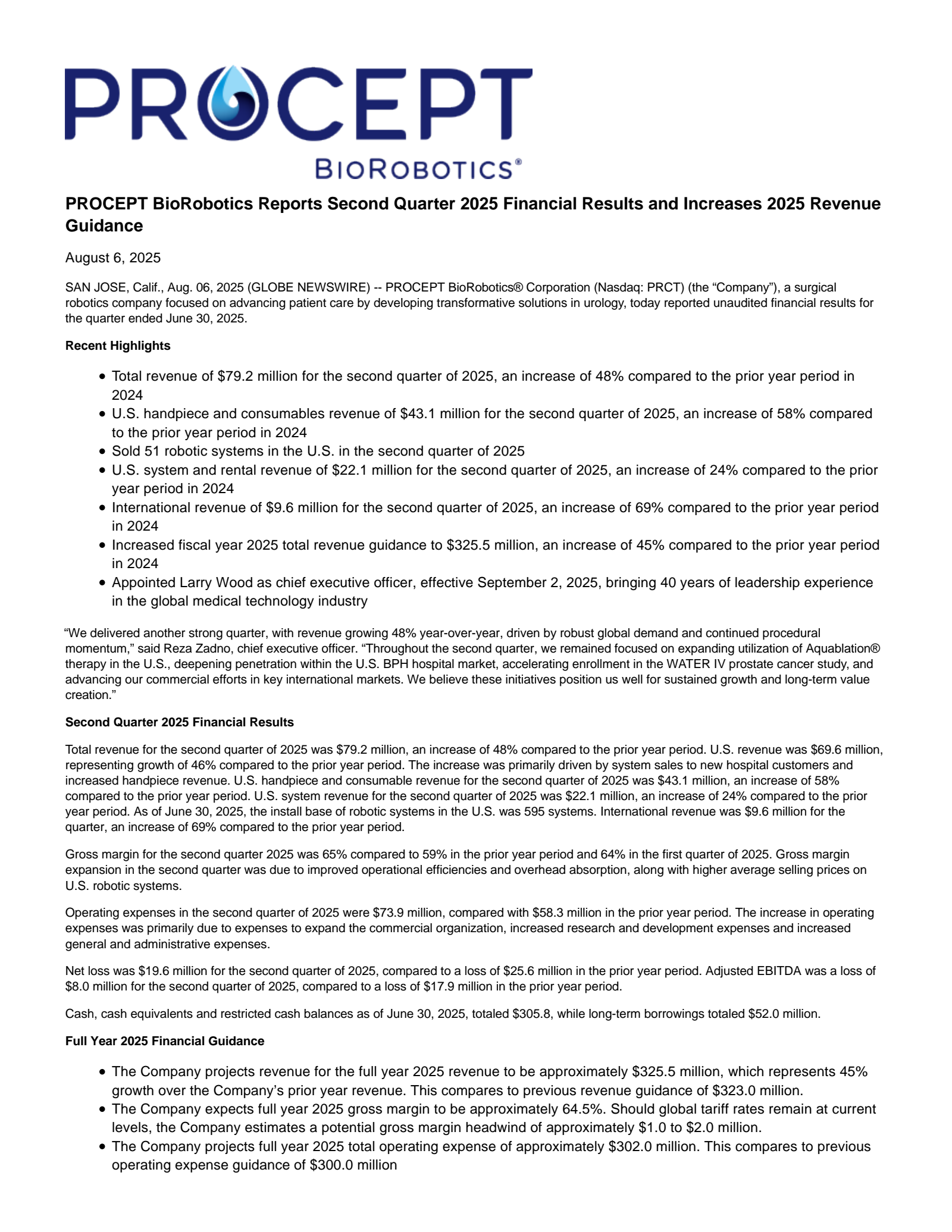 PROCEPT BioRobotics' Q2 2025 Press Release