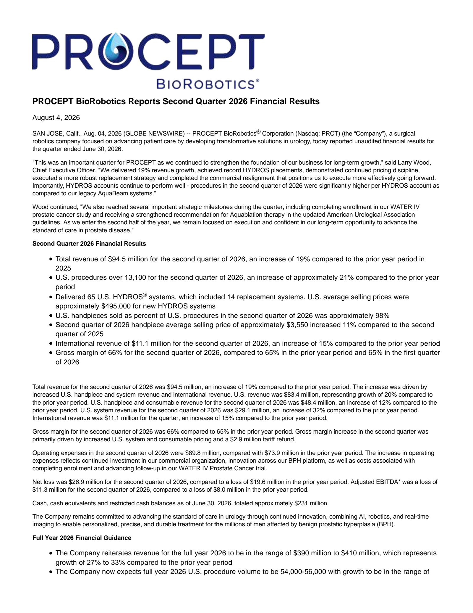 PROCEPT BioRobotics' Q2 2026 Press Release
