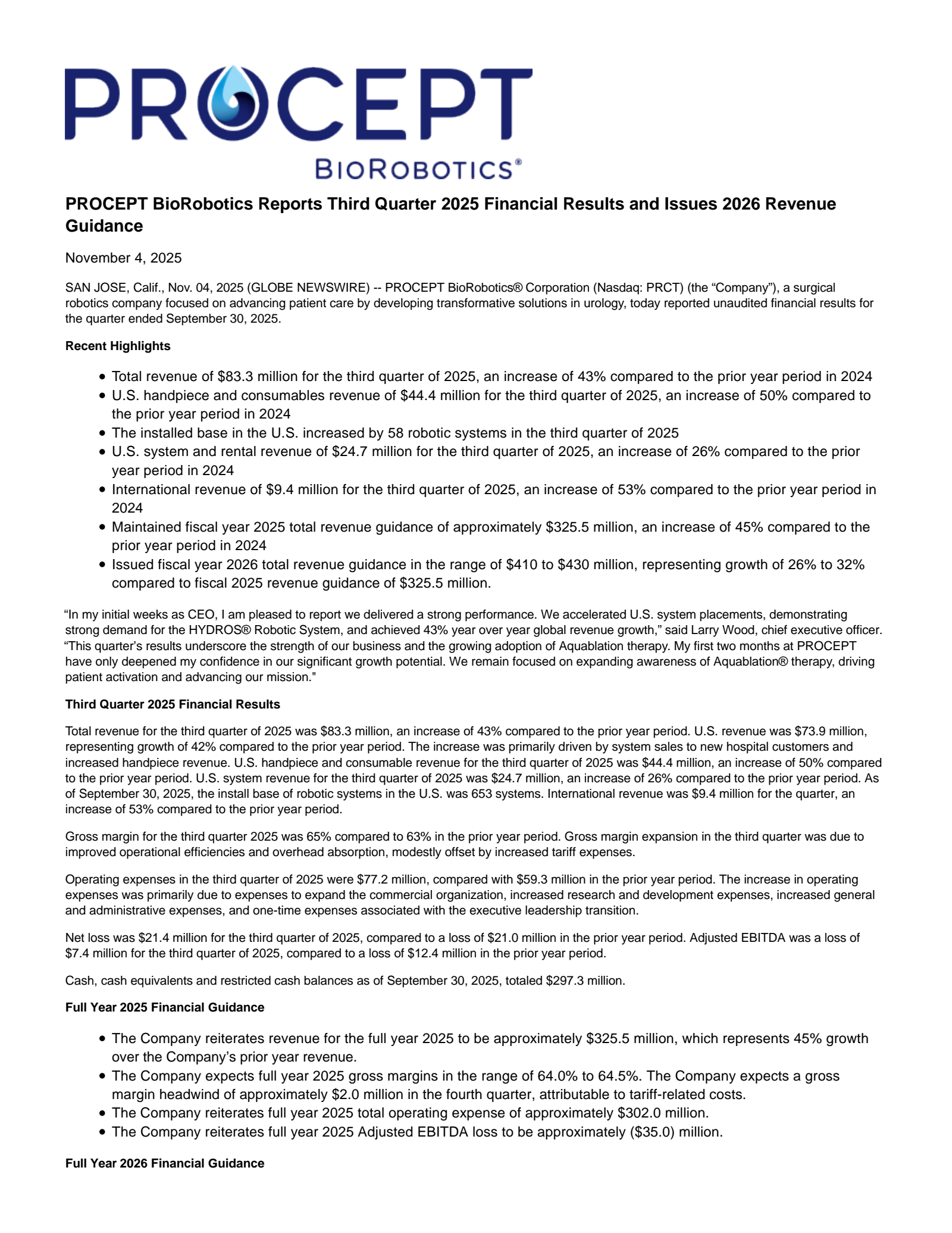 PROCEPT BioRobotics' Q3 2025 Earnings Release