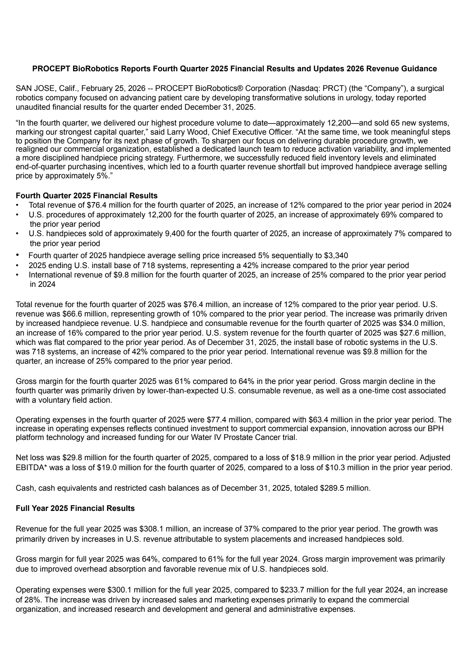 PROCEPT BioRobotics' Q4 2025 Press Release