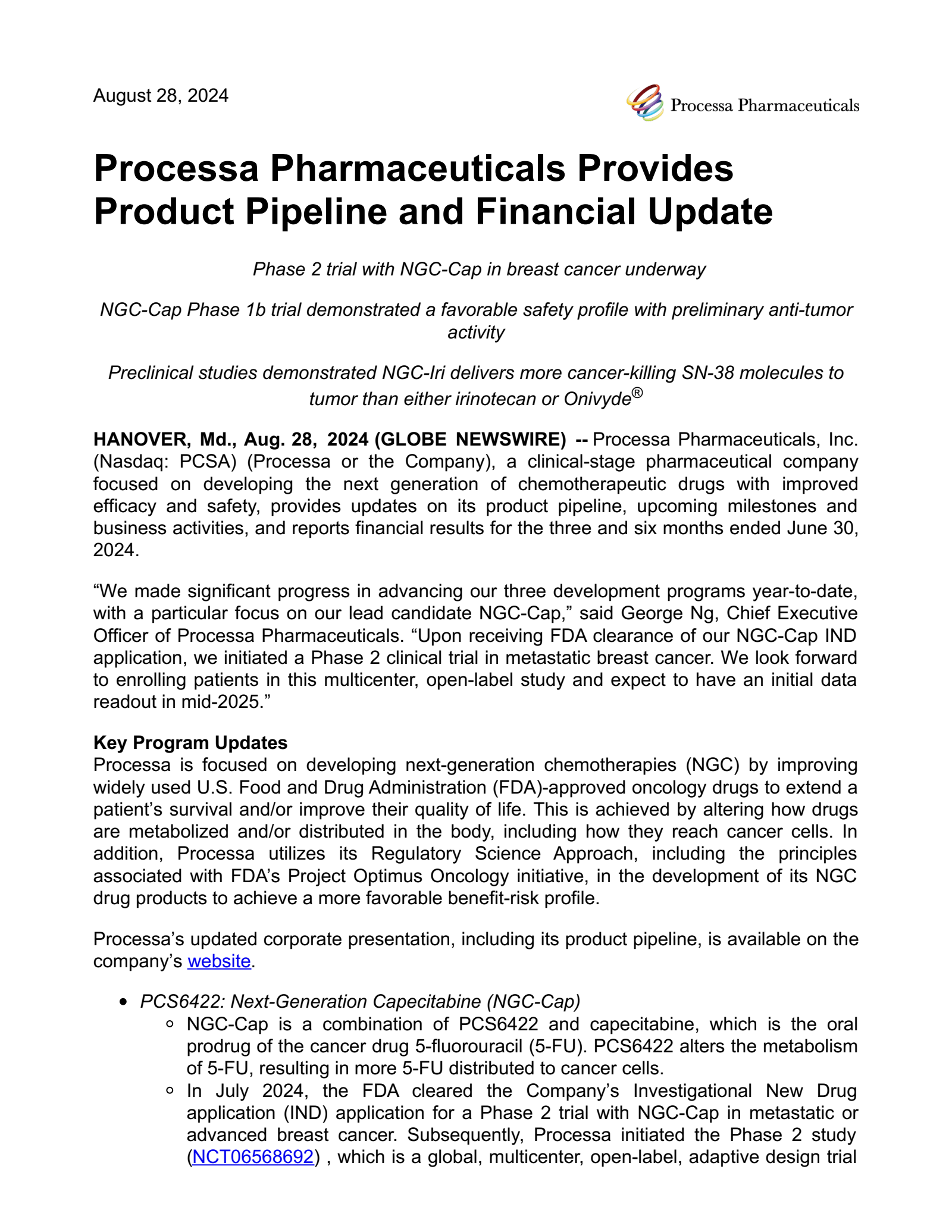 Processa Pharmaceuticals' Q2 2024 Press Release