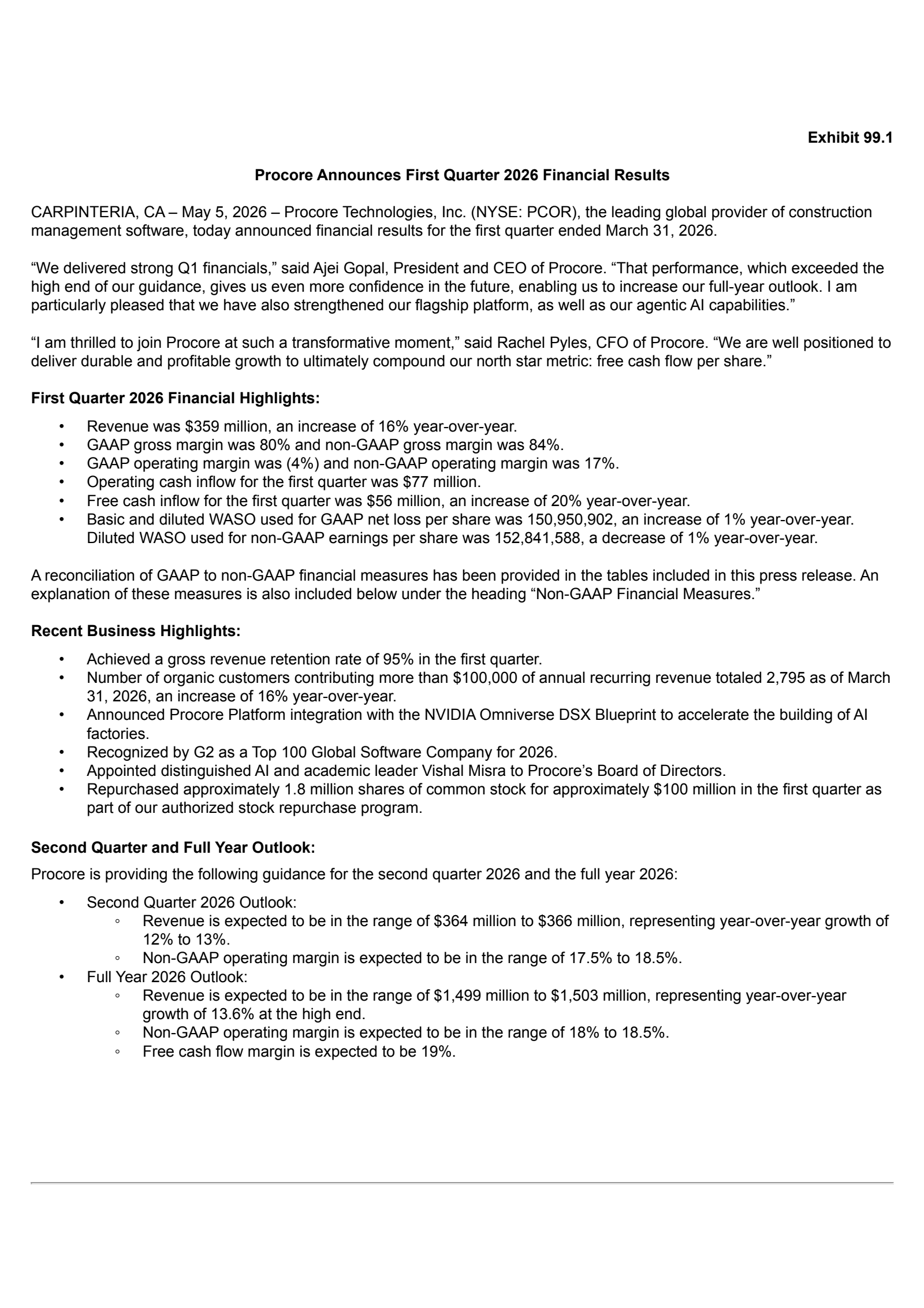 Procore Technologies' Q1 2026 Press Release