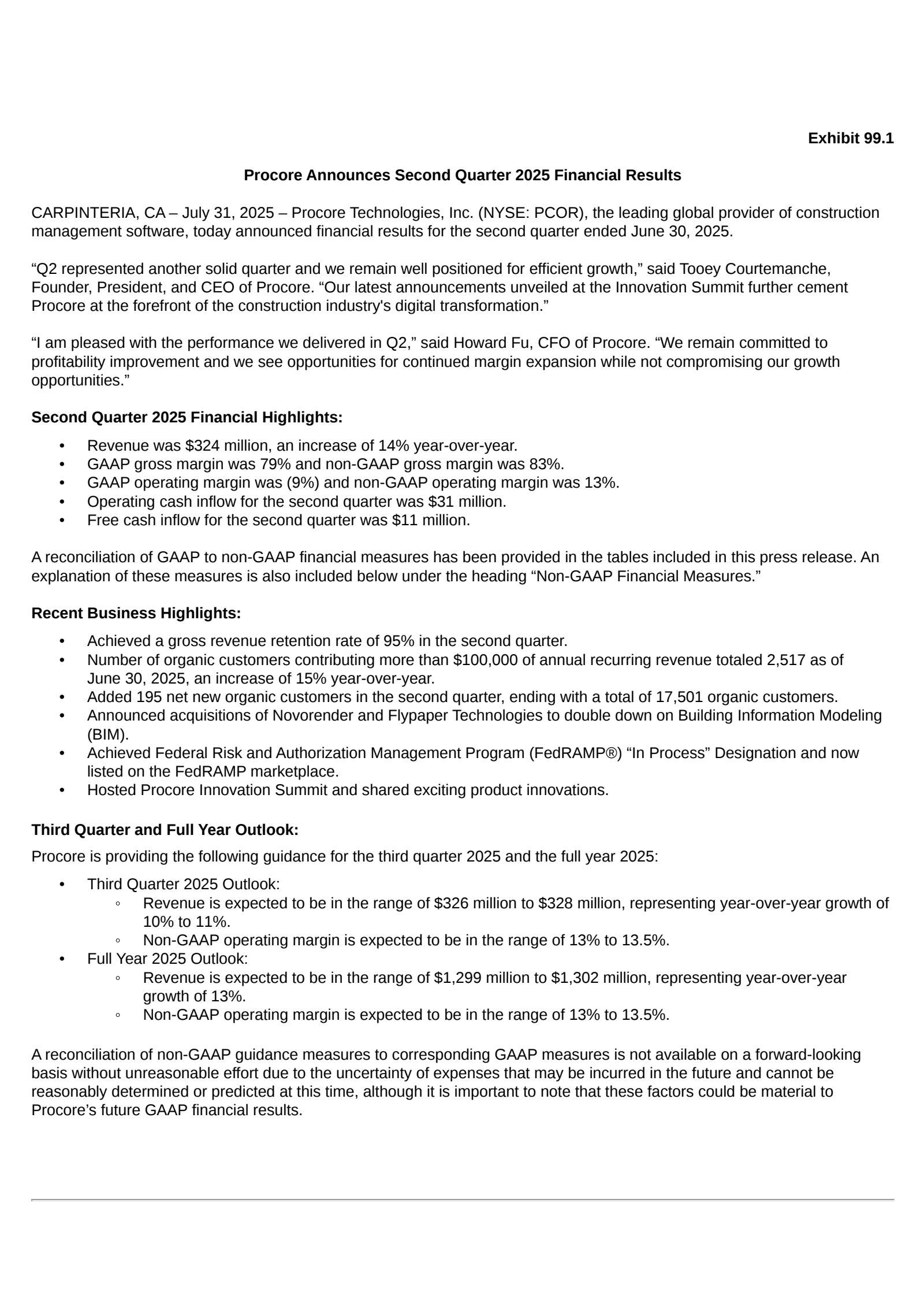 Procore Technologies' Q2 2025 Press Release