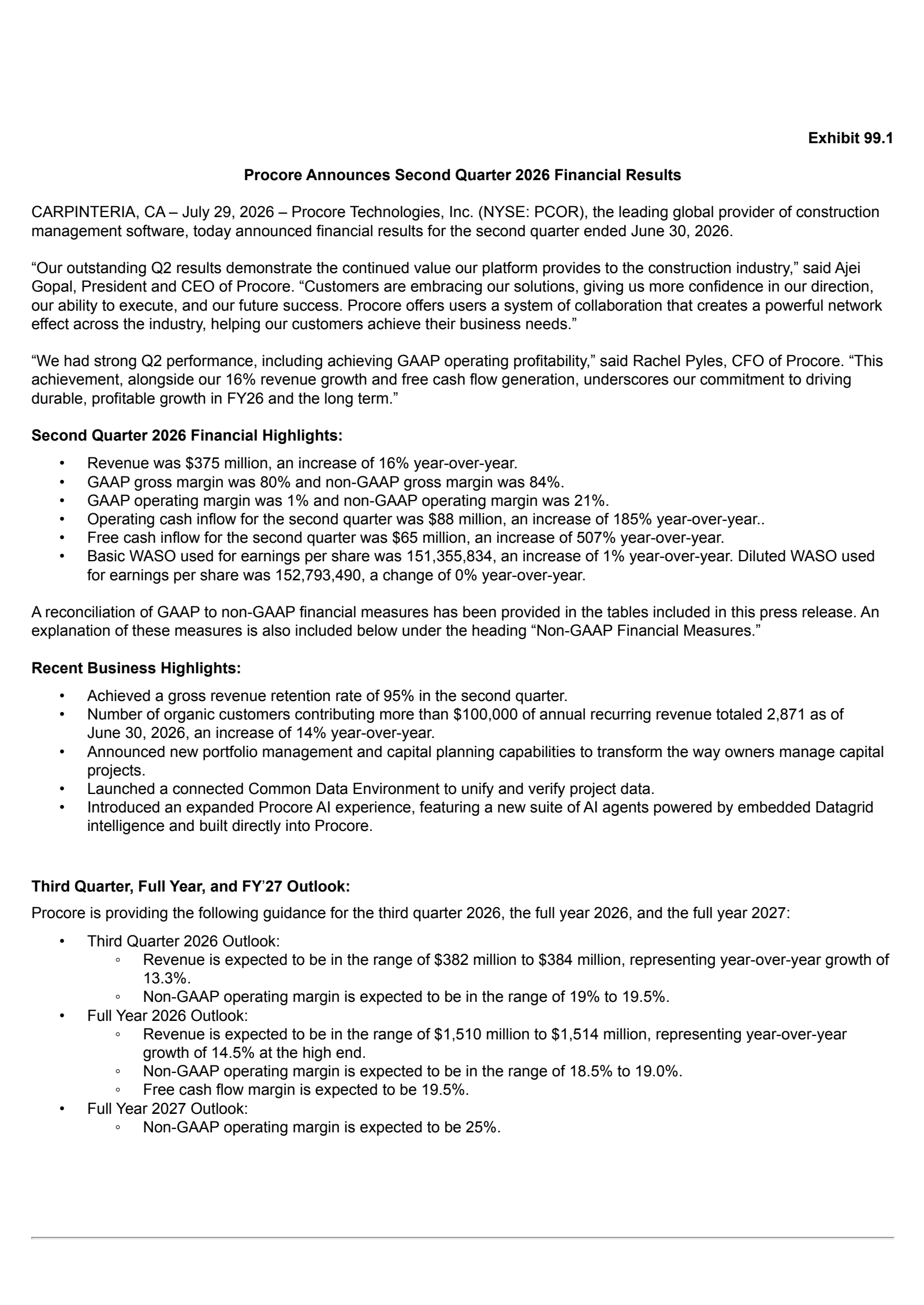 Procore Technologies' Q2 2026 Press Release