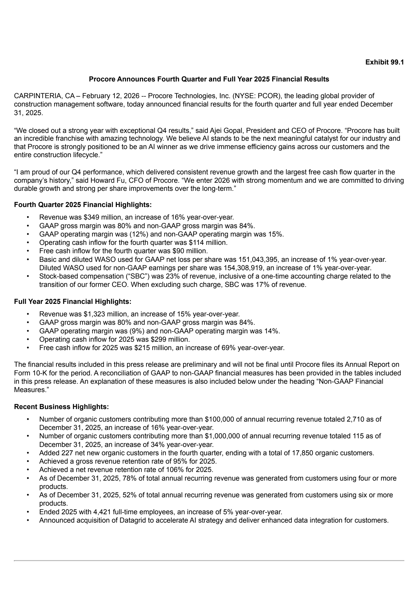 Procore Technologies' Q4 2025 Press Release