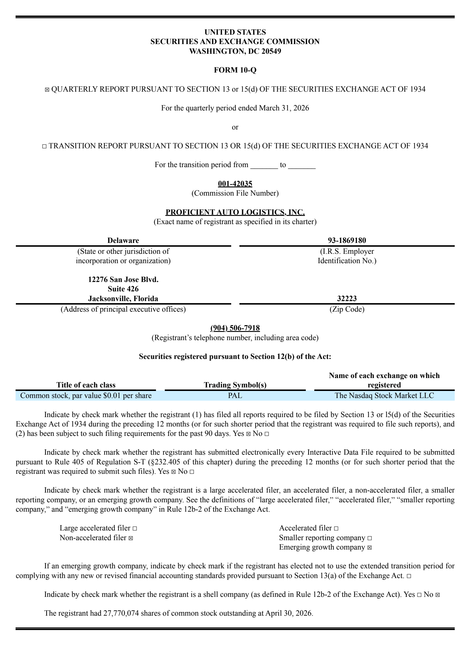 Proficient Auto Logistics' Q1 2026 Quarterly report
