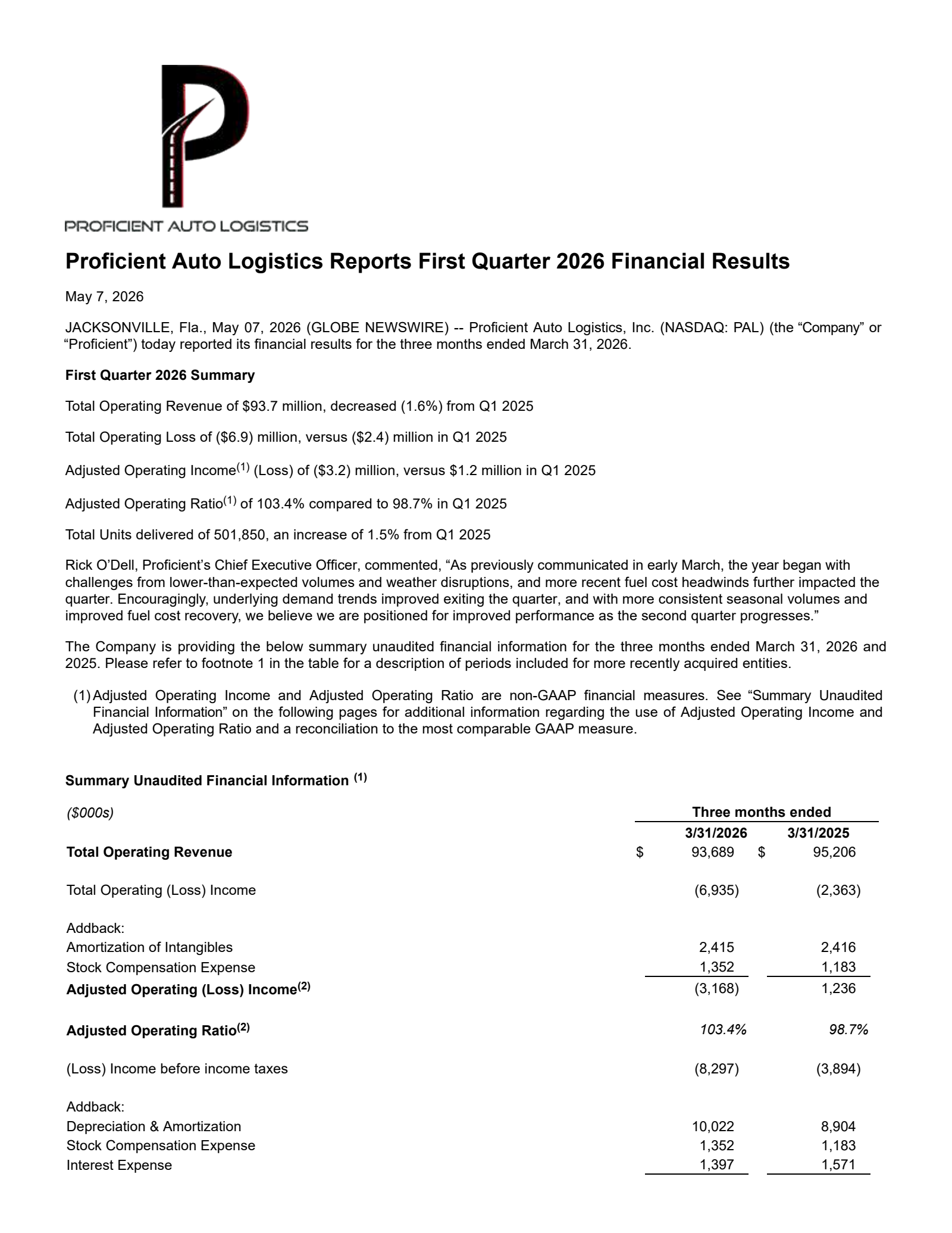 Proficient Auto Logistics' Q1 2026 Press Release