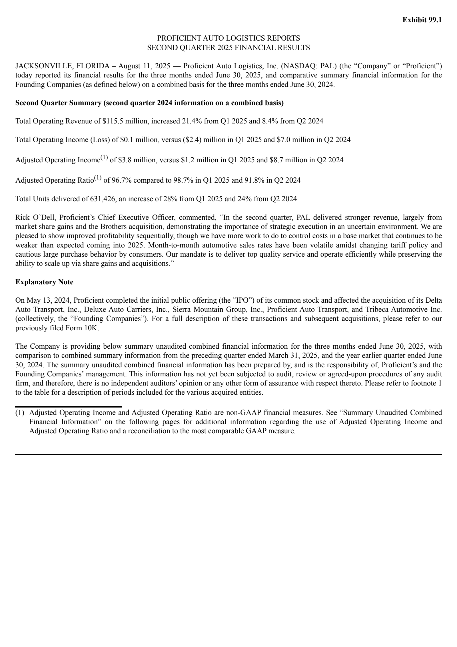 Proficient Auto Logistics' Q2 2025 Press Release