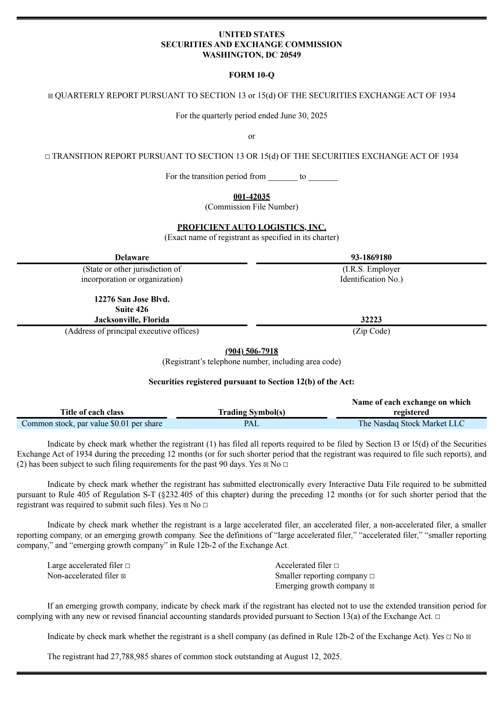 Proficient Auto Logistics' Q2 2025 Quarterly report