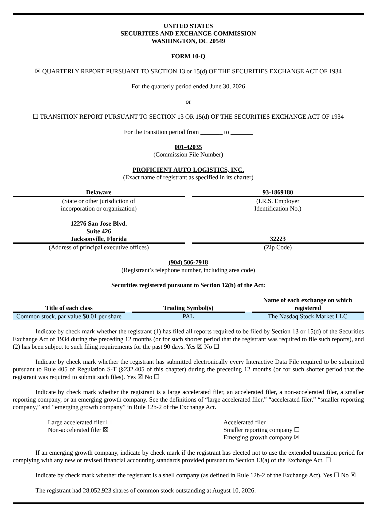 Proficient Auto Logistics' Q2 2026 Quarterly report