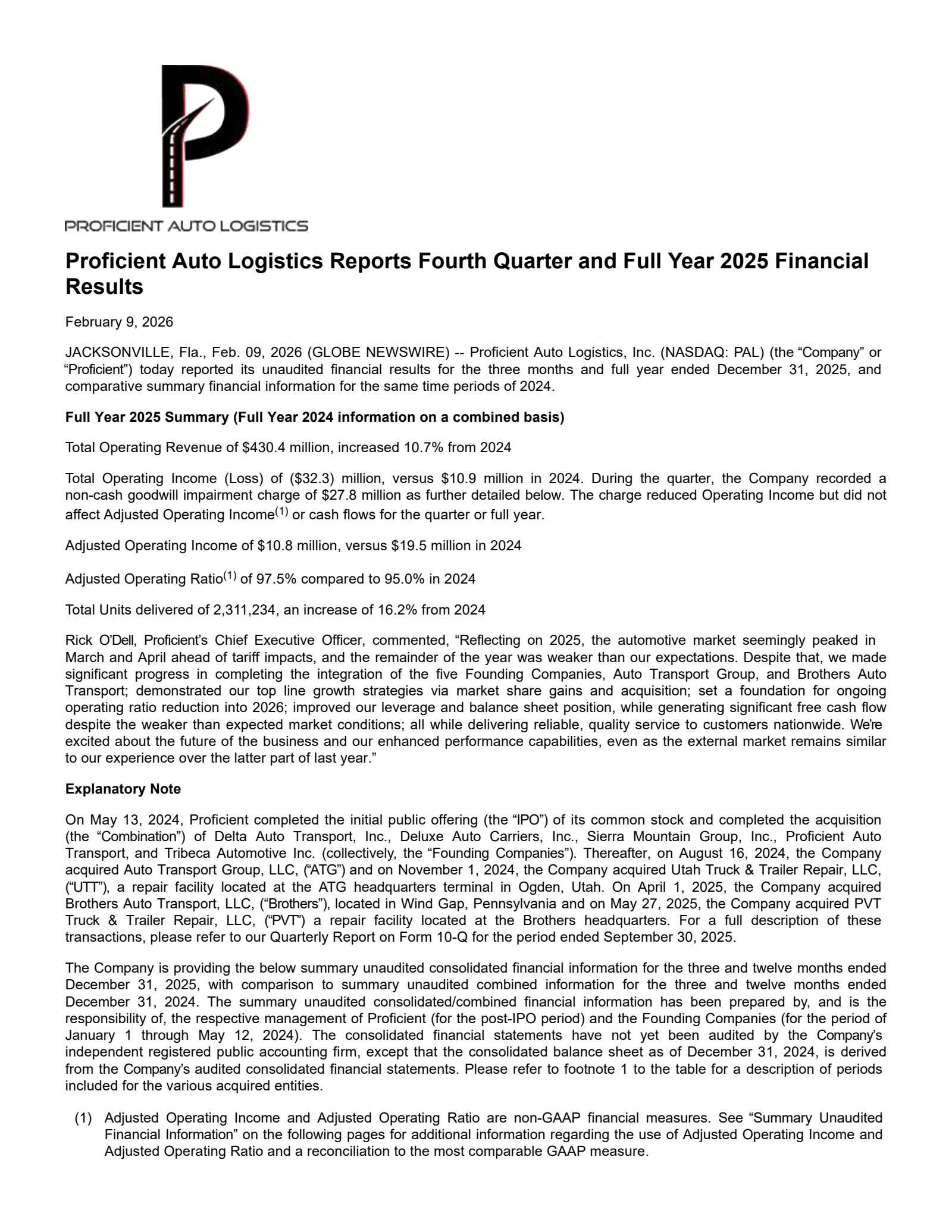 Proficient Auto Logistics' Q4 2025 Press Release